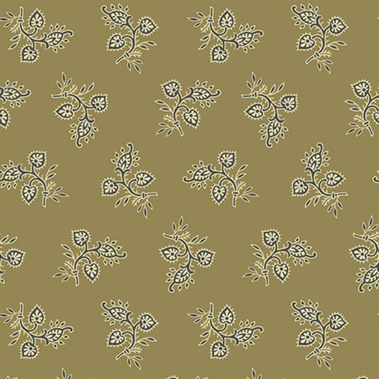 Andover's Leaf Lace Bronze Green fabric from the Veranda collection, featuring khaki green intricate lace patterns on 100% cotton.