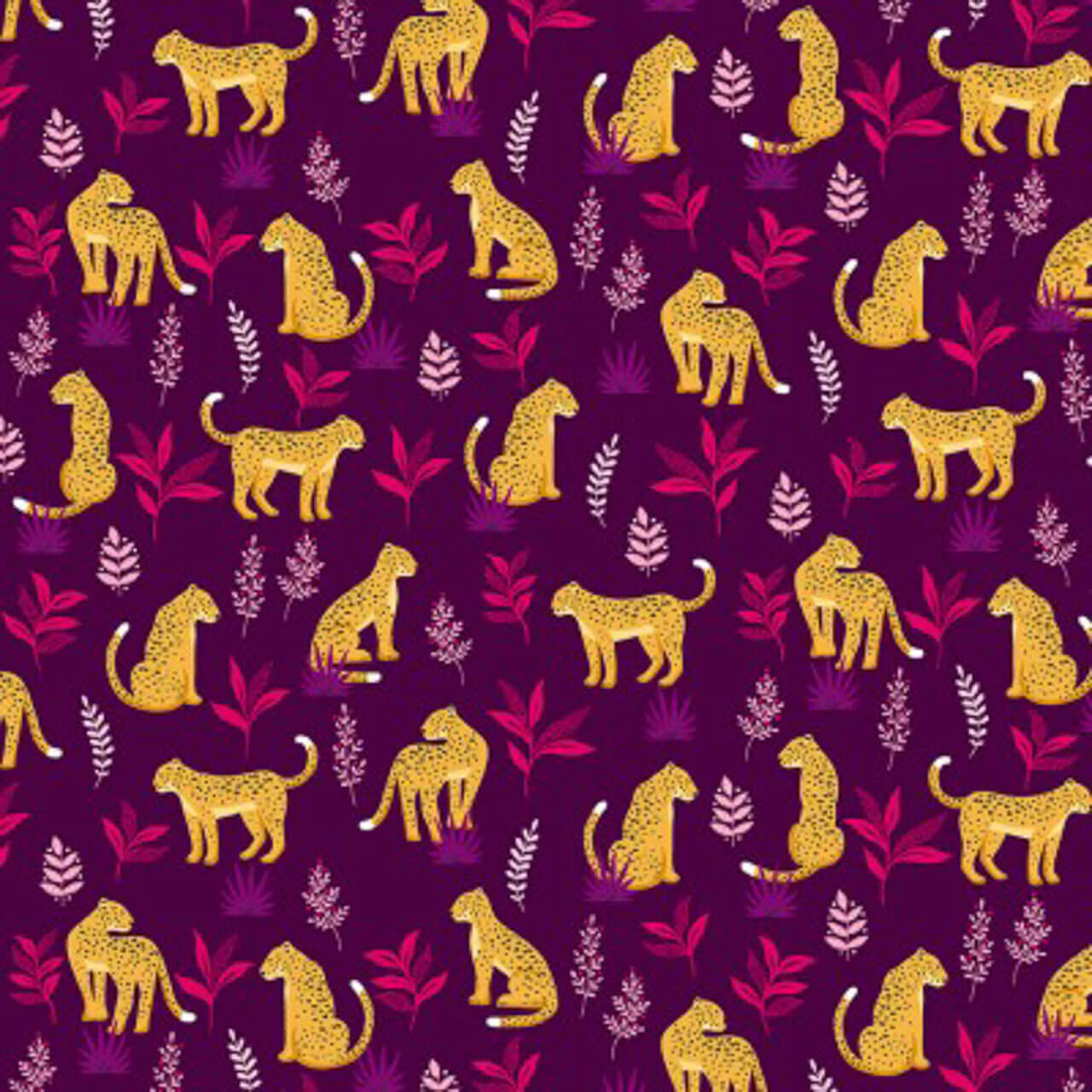 Makower's Cheeky Leopard Aubergine fabric from the Jewels Tones collection, featuring playful leopard patterns on a purple cotton background.