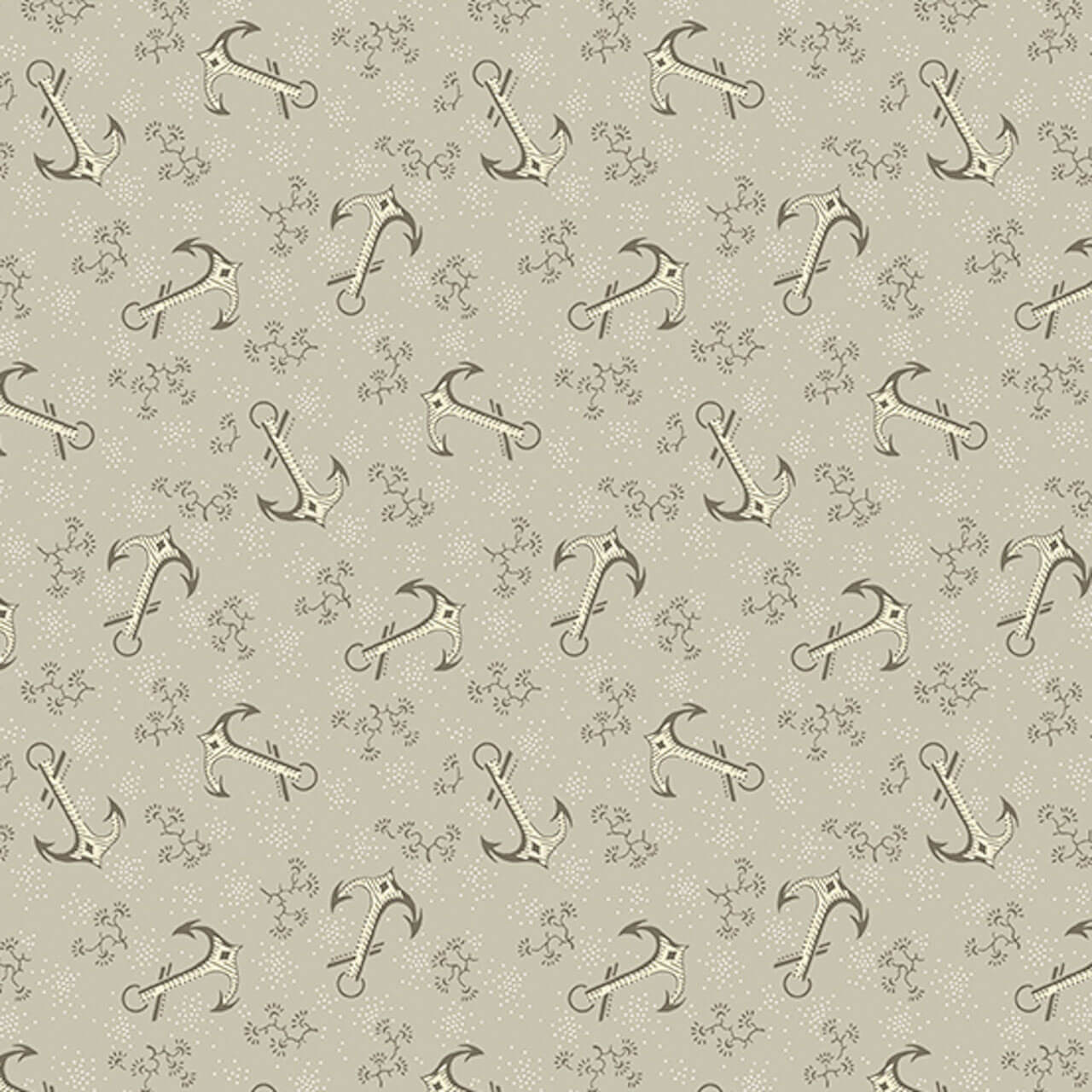 "Anchors in Oyster" fabric from Andover's Tradewinds collection by Renee Nanneman, featuring elegant anchor patterns on a cream cotton background.