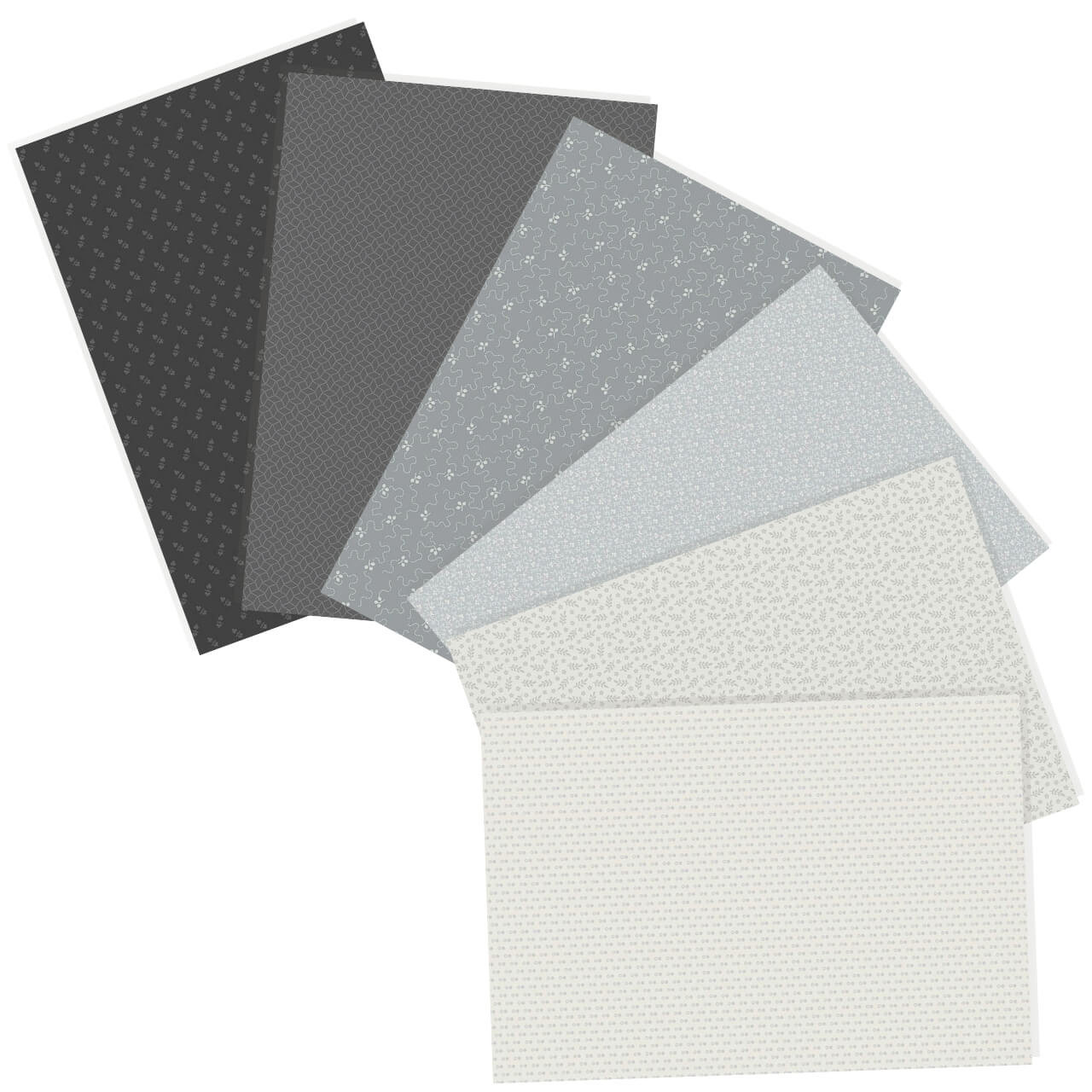 Collection of six grey fat quarters from Andover Fabrics' Tonal Ditsy River Rock collection, featuring various grey patterns.