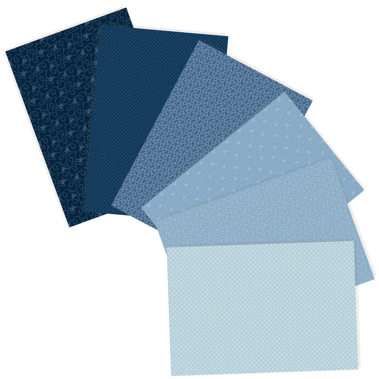 Assortment of six blue fat quarters from Andover Fabrics' Tonal Ditsy Blue Indigo collection featuring varied patterns.