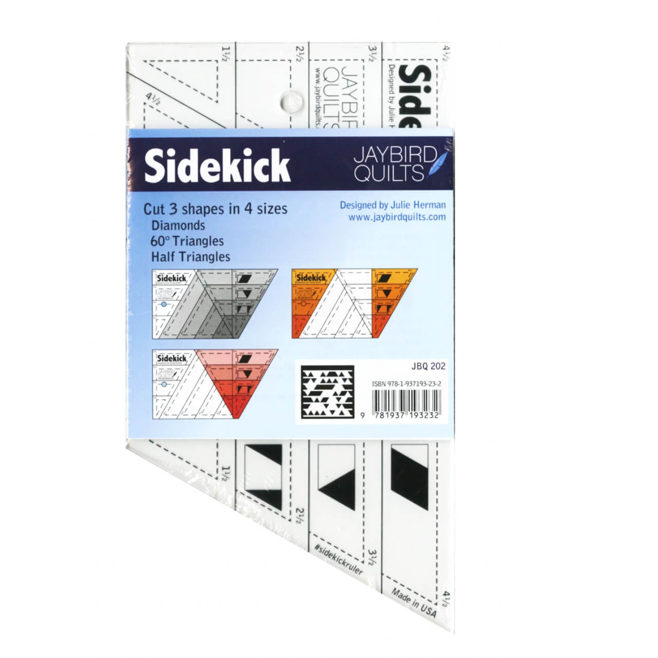 The image showcases the Sidekick Ruler by Jaybird Quilts, highlighting its packaging which features diagrams of the diamonds and triangles it can cut, along with the ruler's measurement details and the distinctive Jaybird Quilts branding.