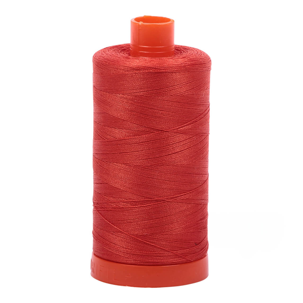 Large spool of Aurifil Red Orange 50wt Egyptian cotton thread.