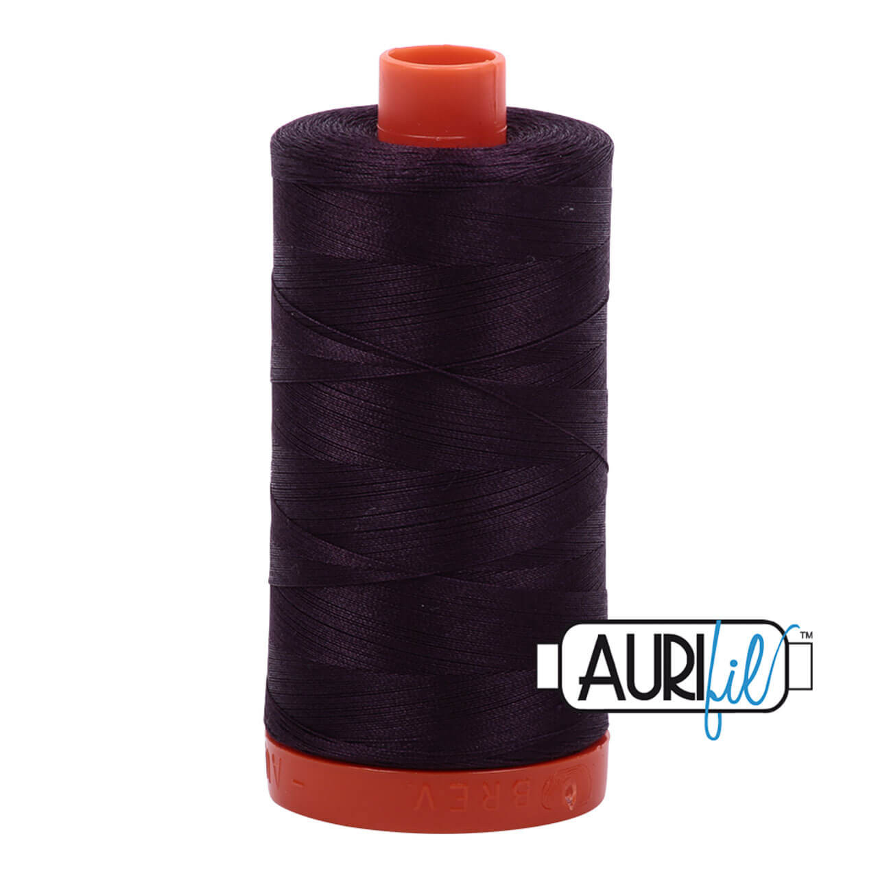 A large spool of Aurifil Aubergine 50wt Egyptian cotton thread in dark purple with Aurifil logo