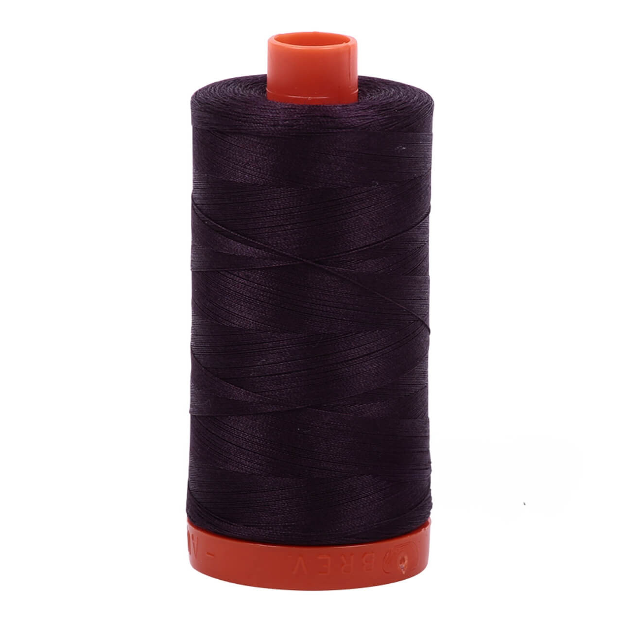 A large spool of Aurifil Aubergine 50wt Egyptian cotton thread in dark purple.