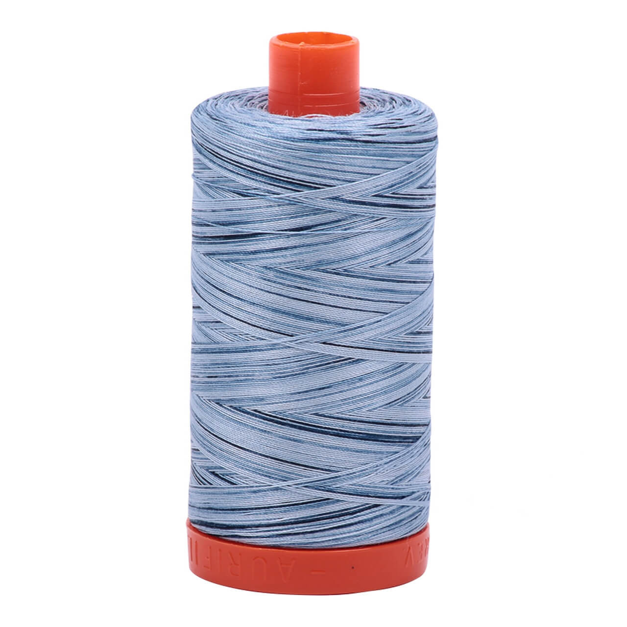 Large spool of Aurifil Stonewash Blues 50wt Egyptian cotton thread, blue variegated.