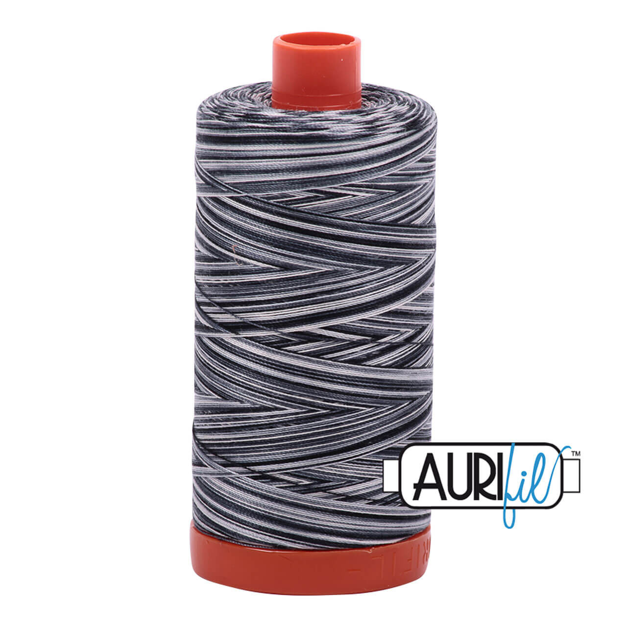Large spool of Aurifil Graphite 50wt Egyptian cotton thread, black and grey variegated with Aurifil logo