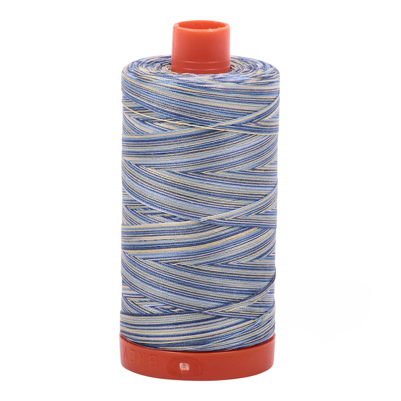 Large spool of Aurifil Lemon Blueberry 50wt Egyptian cotton thread, blue and yellow variegated.