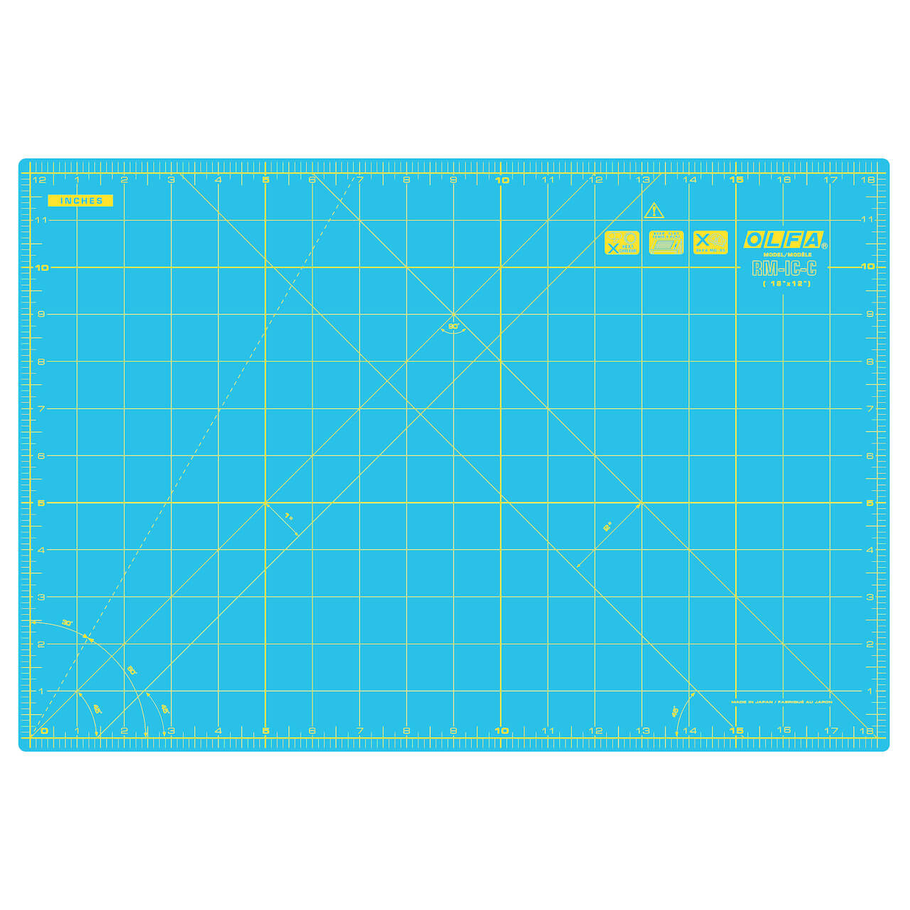 OLFA Aqua Rotary Cutting Mat with double-sided inch and metric grids, designed for accurate fabric cutting