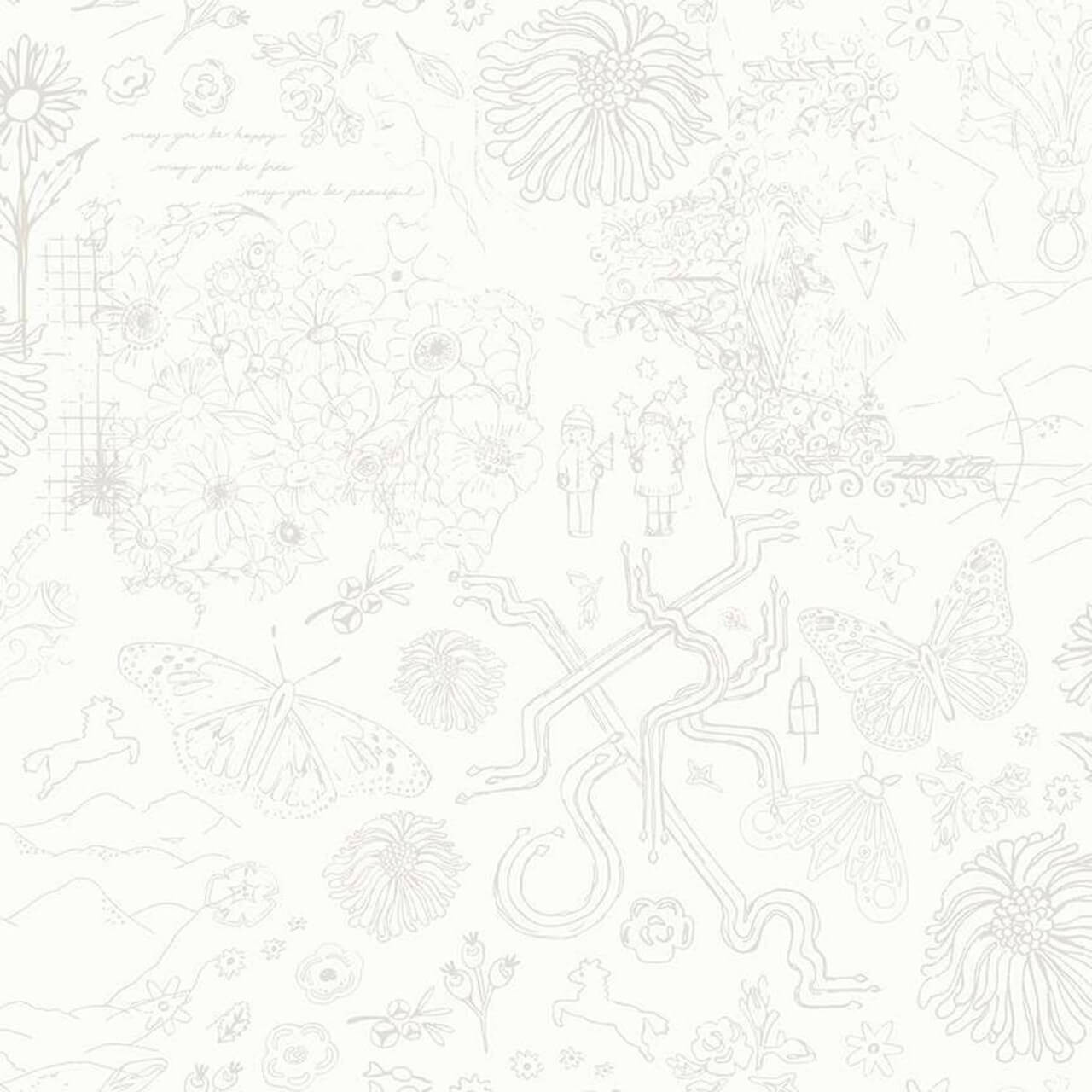 Sketch Stonework" cream fabric from Andover Fabrics' Chrysanthemum Collection, featuring a detailed line drawing of florals, butterflies, and whimsical figures.