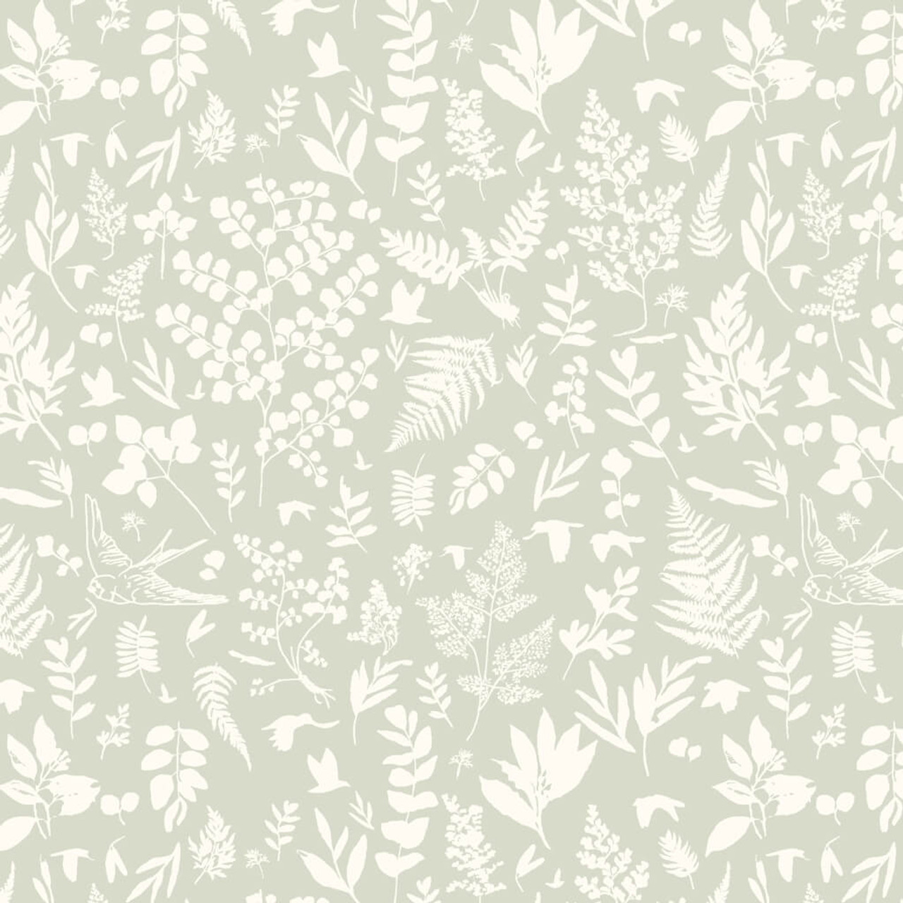 Sage green cotton fabric with a white botanical leaf pattern from P & B Textiles' Au Nature! collection, designed by Jacqueline Schmidt.