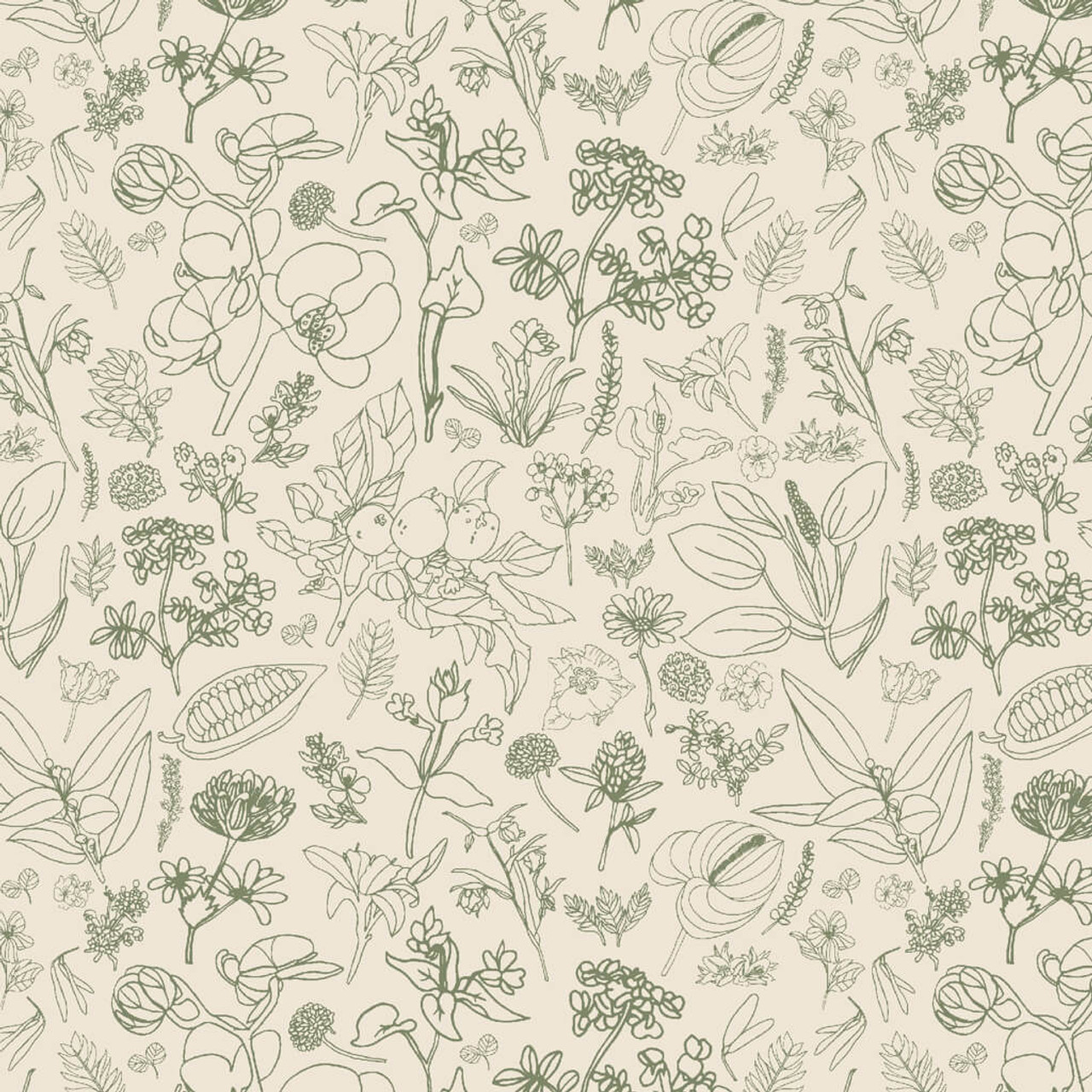 Detailed line-drawn botanical patterns on a sage-coloured cotton fabric from P & B Textiles' 'Au Nature!' collection, designed by Jacqueline Schmidt.