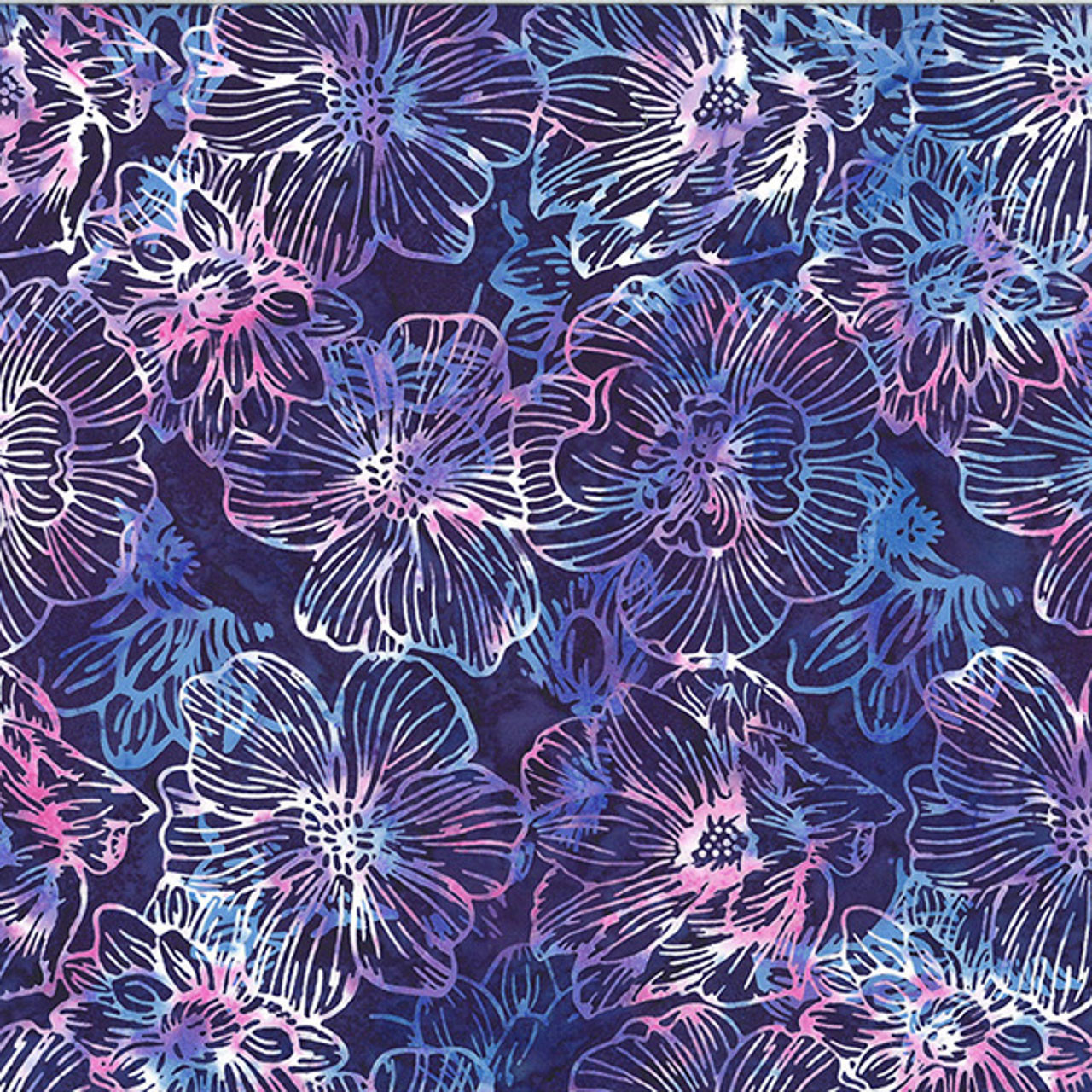 Hoffman Fabrics' Twilight Hibiscus Harmony batik fabric featuring indigo hibiscus flowers with pink and light blue accents.