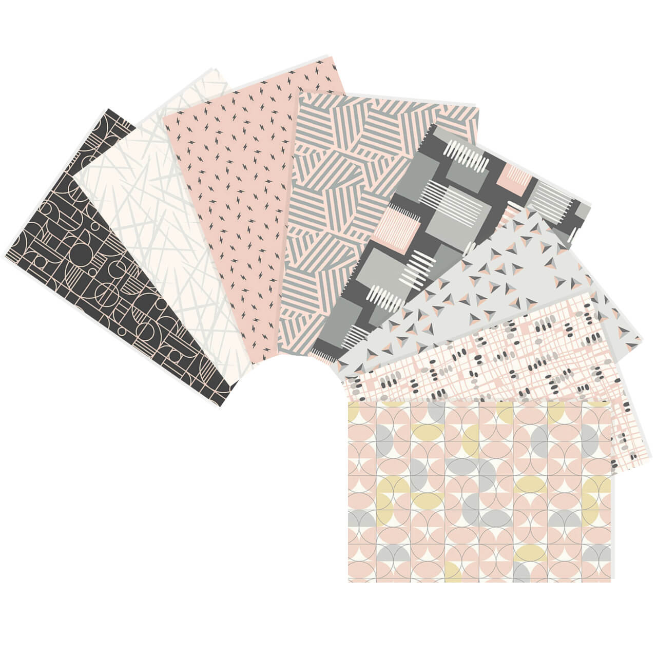 A meticulously arranged stack of 8 Shell Pink fat quarters from Andover Fabrics' Rancho Relaxo collection, showcasing the delicate balance of pinks and greys, inspired by mid-century design and vintage aesthetics, each studio cut for precision and creativity.