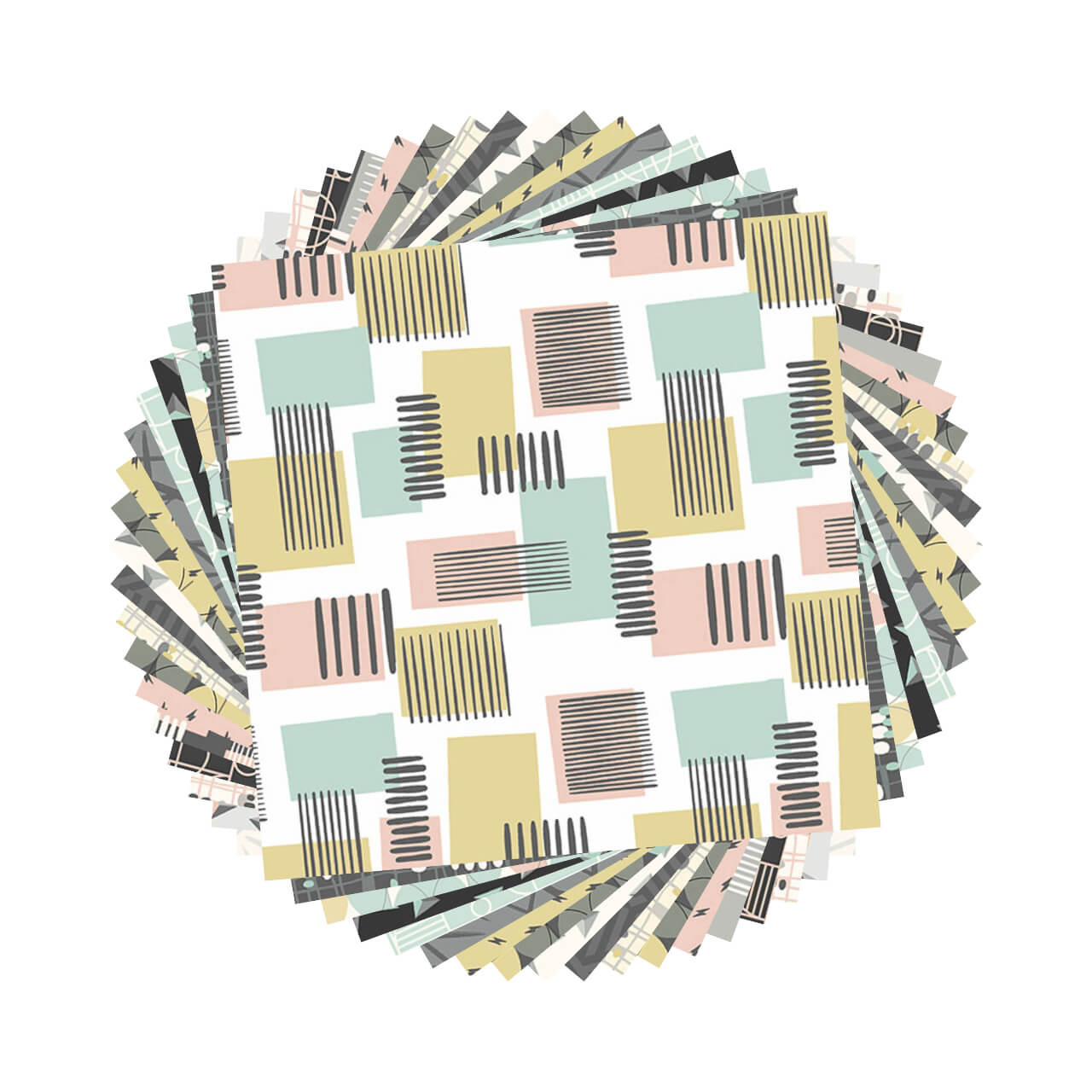 Circular cascading stack of Rancho Relaxo 10 inch fabric squares by Andover Fabrics.