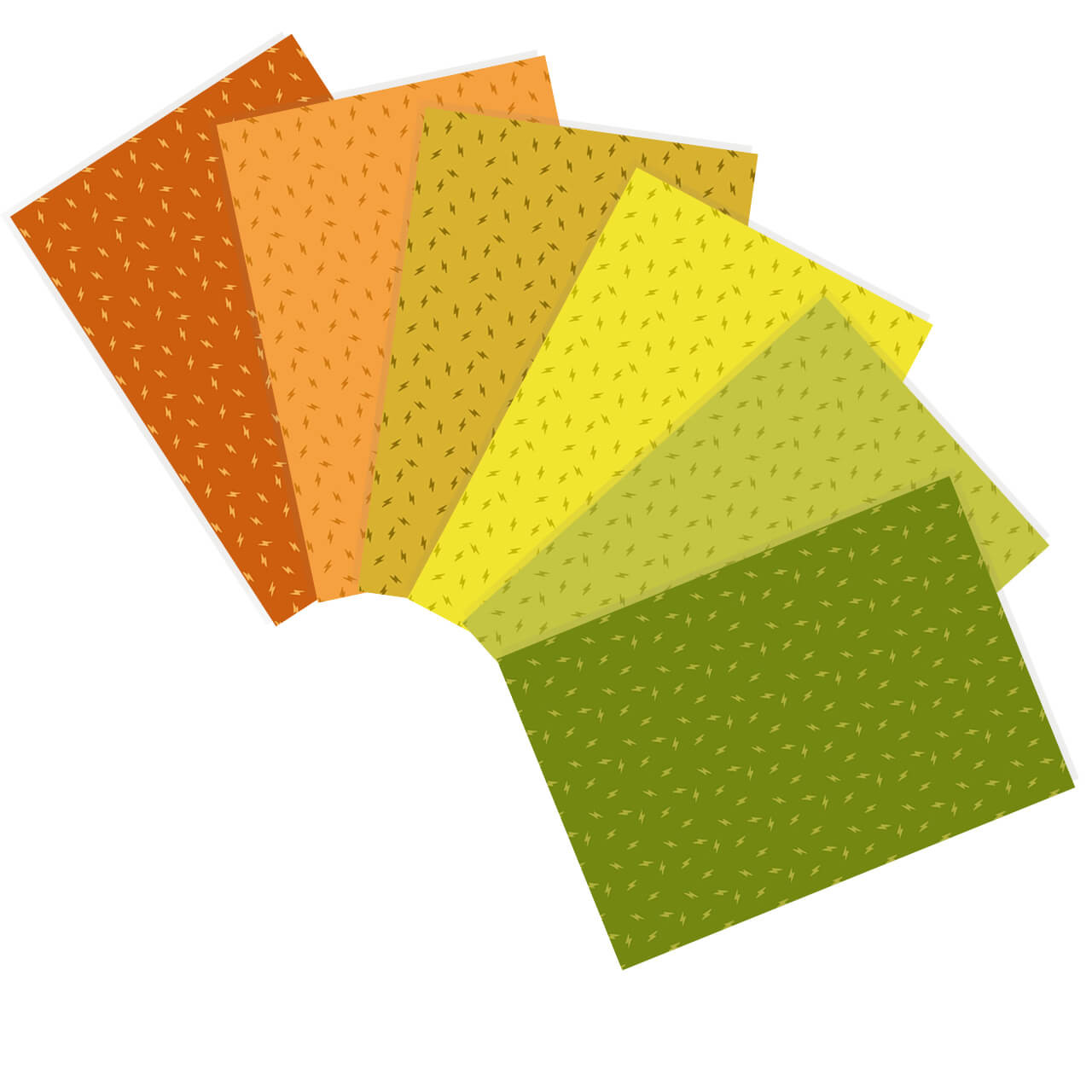 6 Atomic Citrus fat quarters from Andover Fabrics, fanned out showcasing vibrant green, yellow, and orange hues.