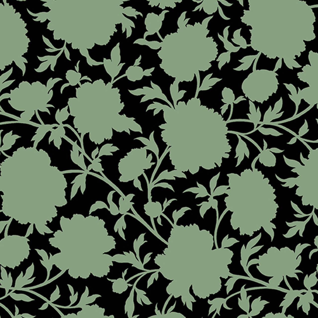 Green and black floral patterned 'Glenelg in Patina' fabric from the Verdigris collection by Libs Elliott for Andover Fabrics.