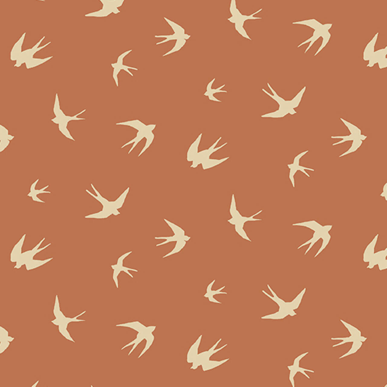 Orange 'Beaches in Copper' fabric featuring bird silhouettes from the Verdigris collection by Libs Elliott for Andover Fabrics.