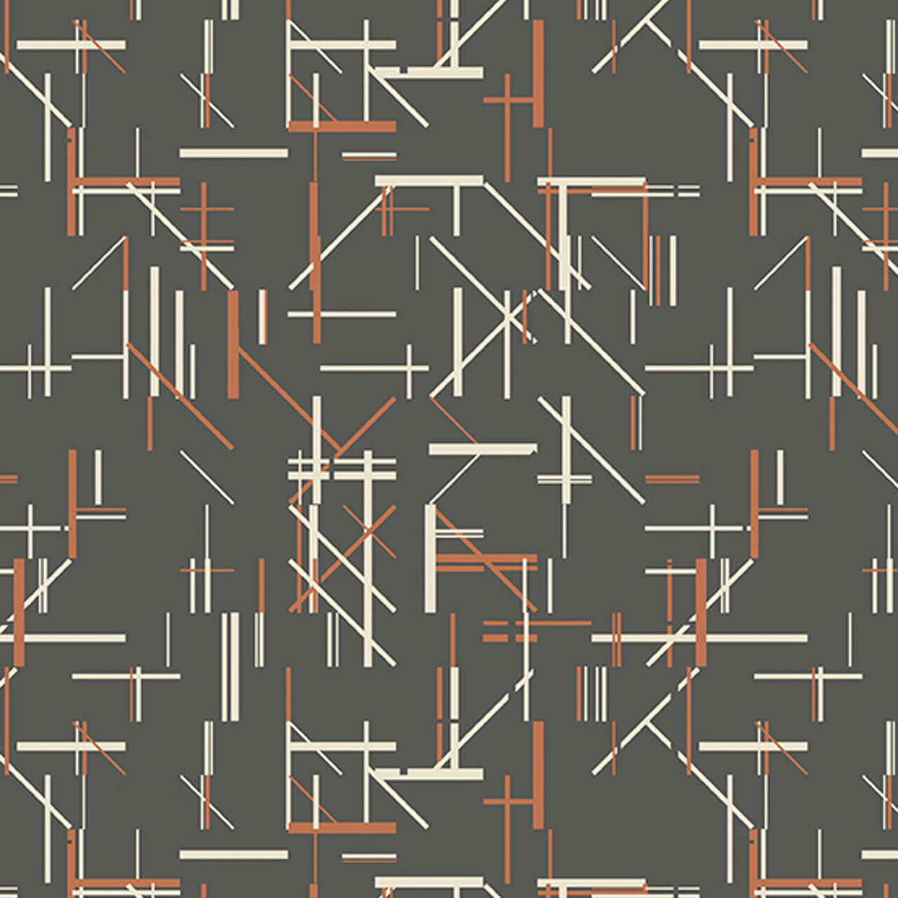 Andover Fabrics' Verdigris Collection: Midtown in Smoke Grey Cotton Fabric on a grey background featuring beige and orange lines by Libs Elliott