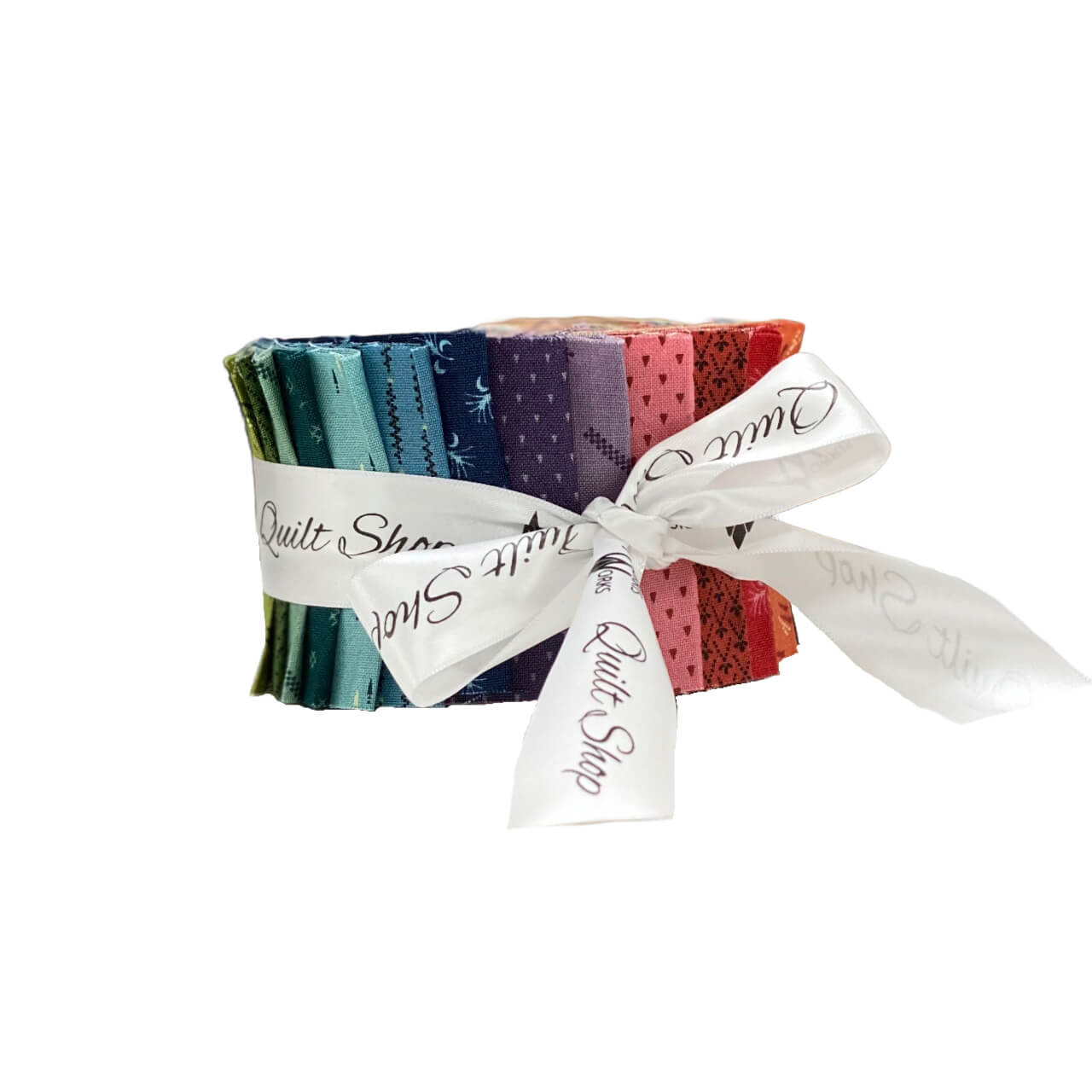 A Jelly Roll of Jewelbox 2½ inch fabric strips rolled against a white background