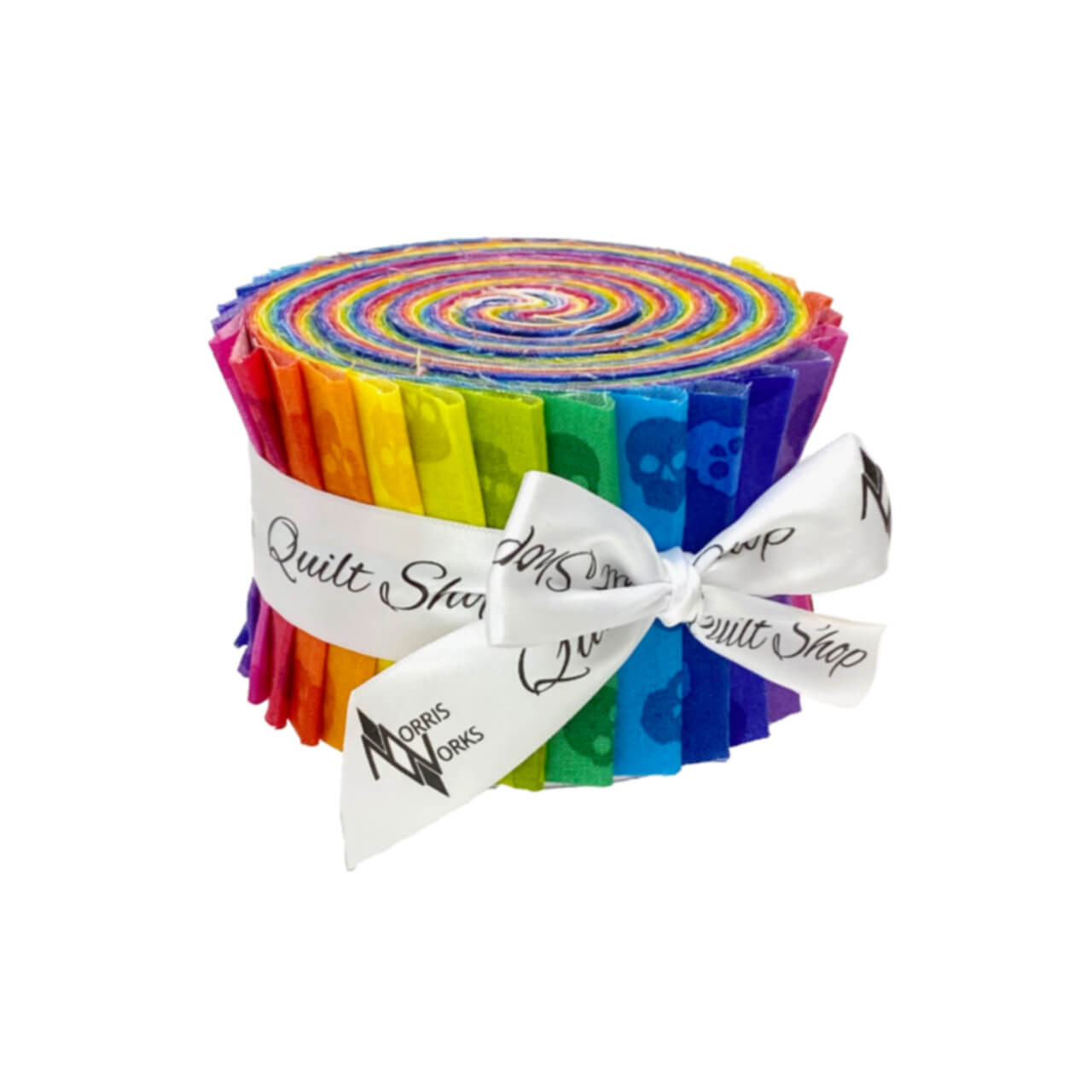 A roll of Tainted Love 2½ inch quilting fabric strips in assorted colours, tied with a bow