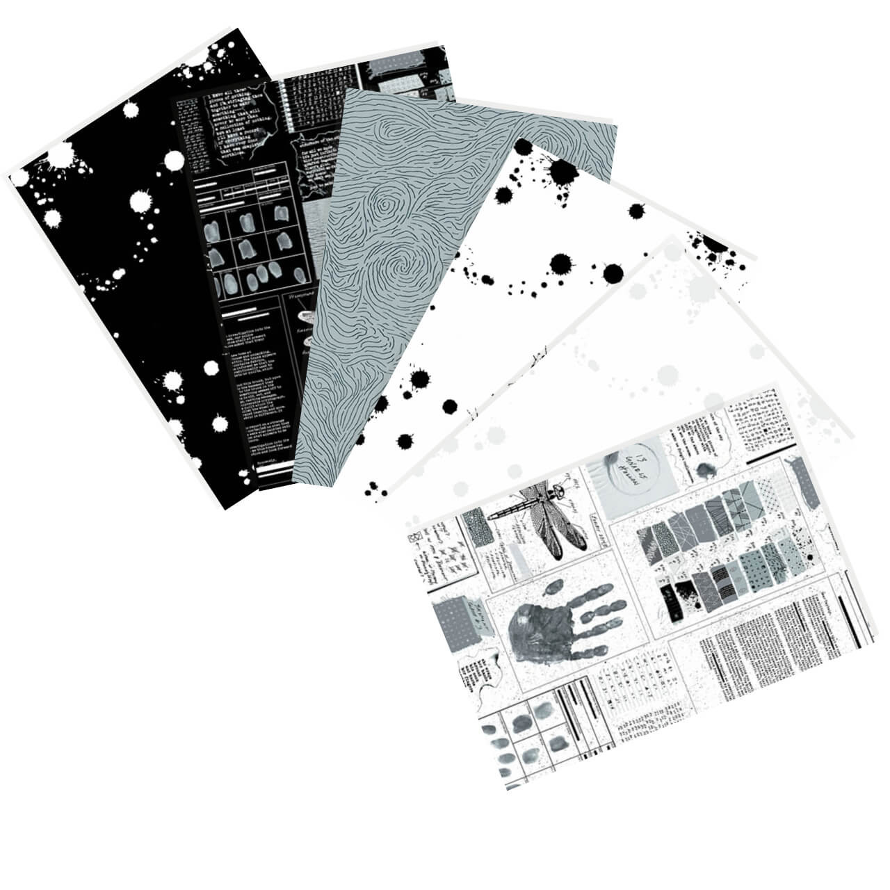 Collection of six Sleuth Hush fat quarters by Andover Fabrics, showcasing black and white crime thriller-inspired patterns including splatters and newspaper clippings.