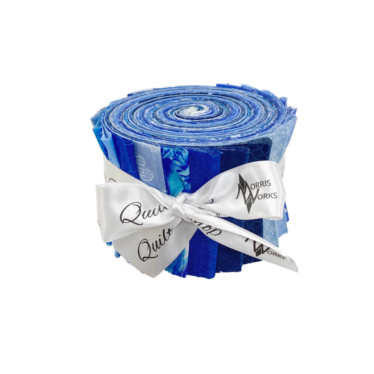 Morris Works Quilt Shop 2.5" strip roll, blue quilting cotton prints in cerulean and blue tones