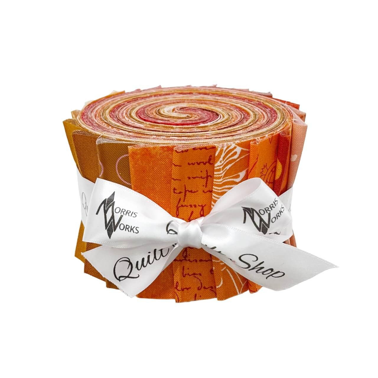 Morris Works Quilt Shop 2.5" strip roll, orange quilting cotton prints in orange and amber tones