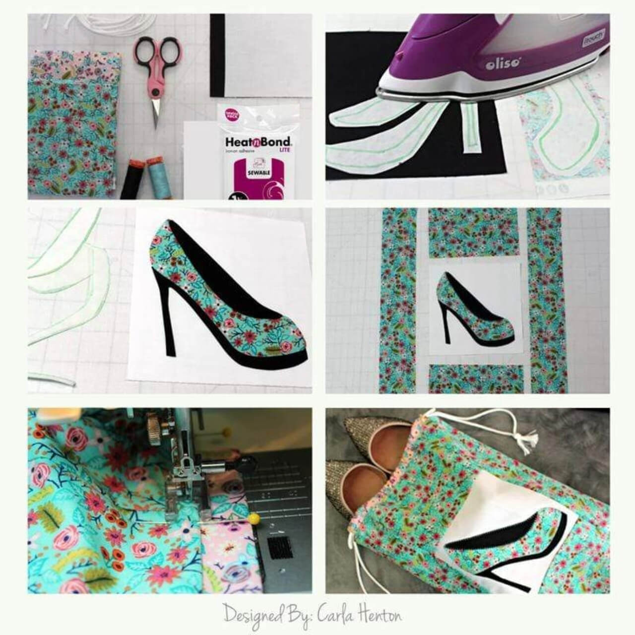 Collage demonstrating the use of Therm-o-Web HeatnBond Lite in crafting, showing fabric, scissors, the product packaging, ironing, cut-out high heel design, sewing, and a finished face mask with a high heel pattern.