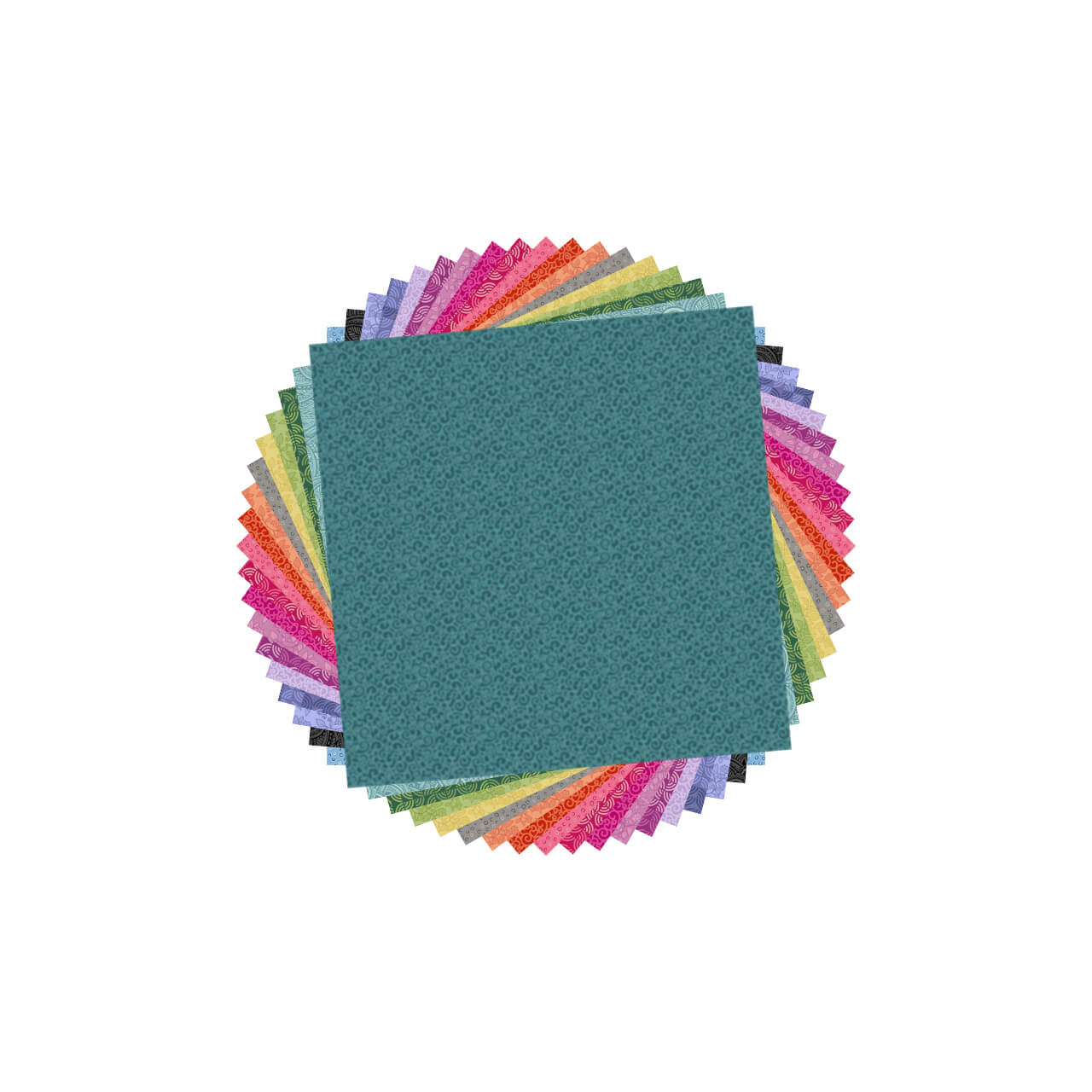 A circular cascading stack of Country Fresh 5-inch charm squares, featuring vibrant nature-inspired fabrics from Sarah Maxwell’s collection for Andover Fabrics.