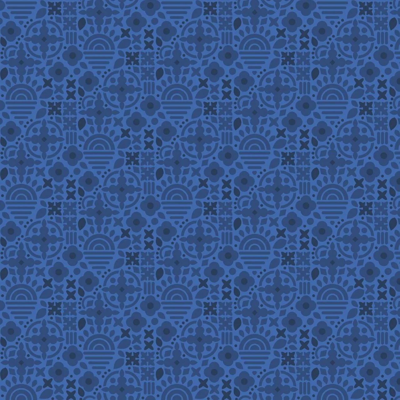 This and That Navy fabric from the Sunprints 2025 Collection by Alison Glass, featuring intricate geometric and floral designs in deep navy and midnight blue tones.