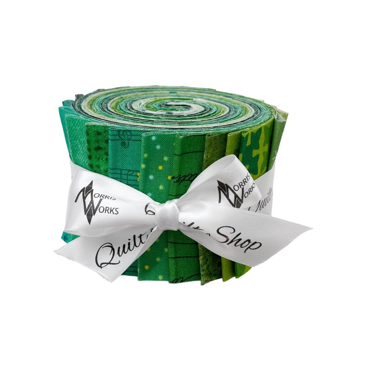 Morris Works Quilt Shop 2.5" strip roll, green quilting cotton prints in lime, leaf green and green tones