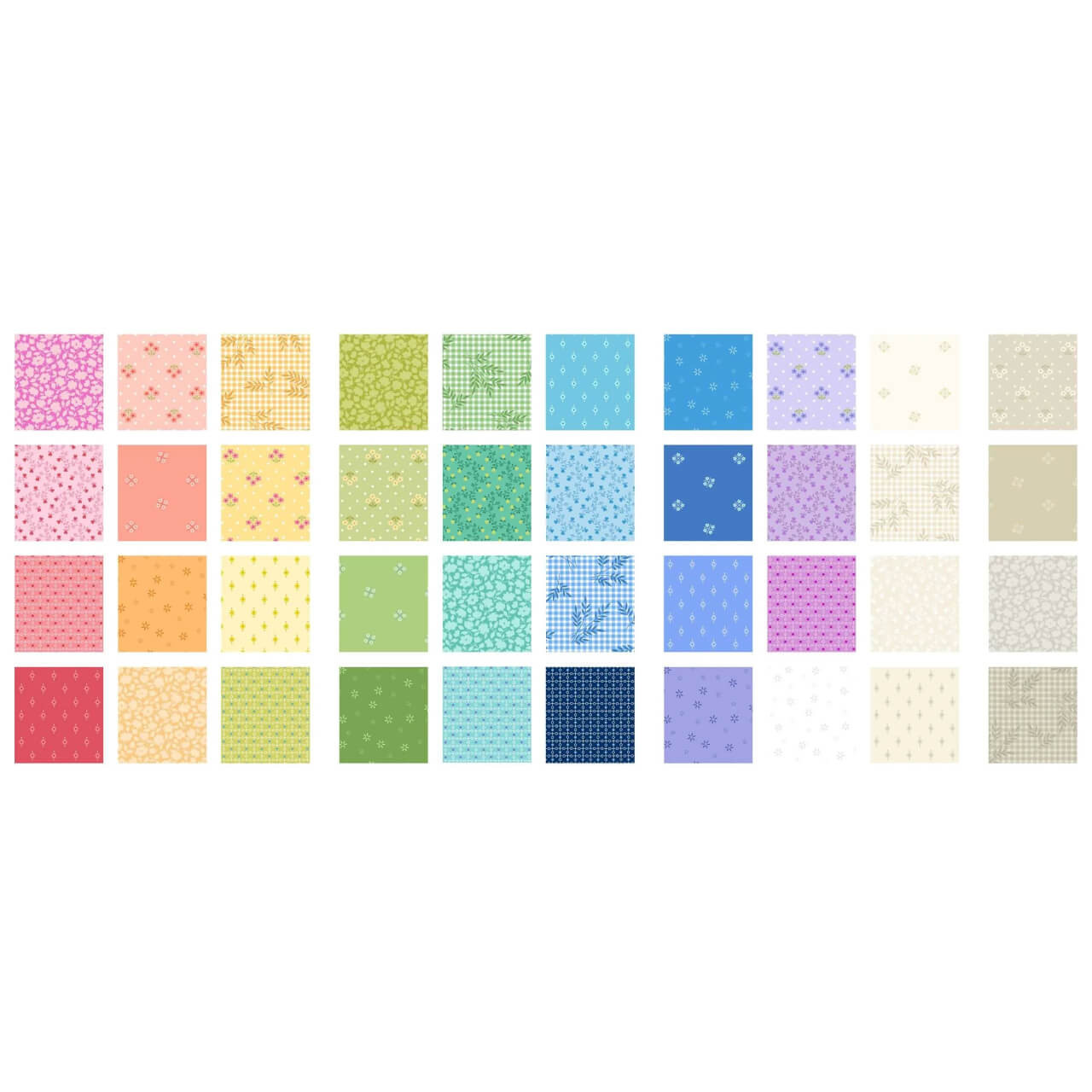 Plain and Simple fabric collection swatches featuring 40 designs in soft, pastel shades and ditsy floral prints.