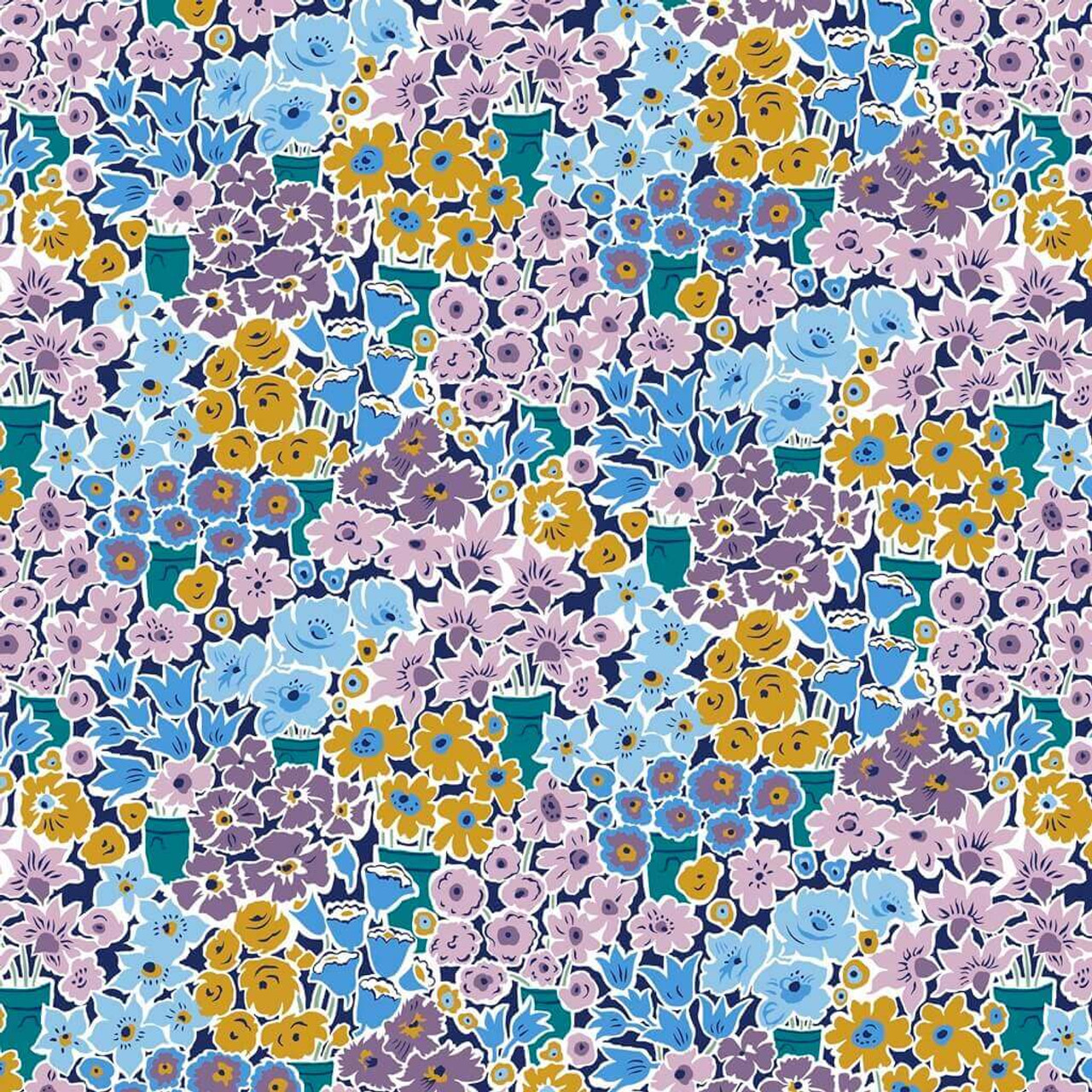 Rossellie Bloom Lilac fabric by Liberty Fabrics, featuring painterly bouquets in lilac, golden yellow, and cornflower blue in green florist buckets.