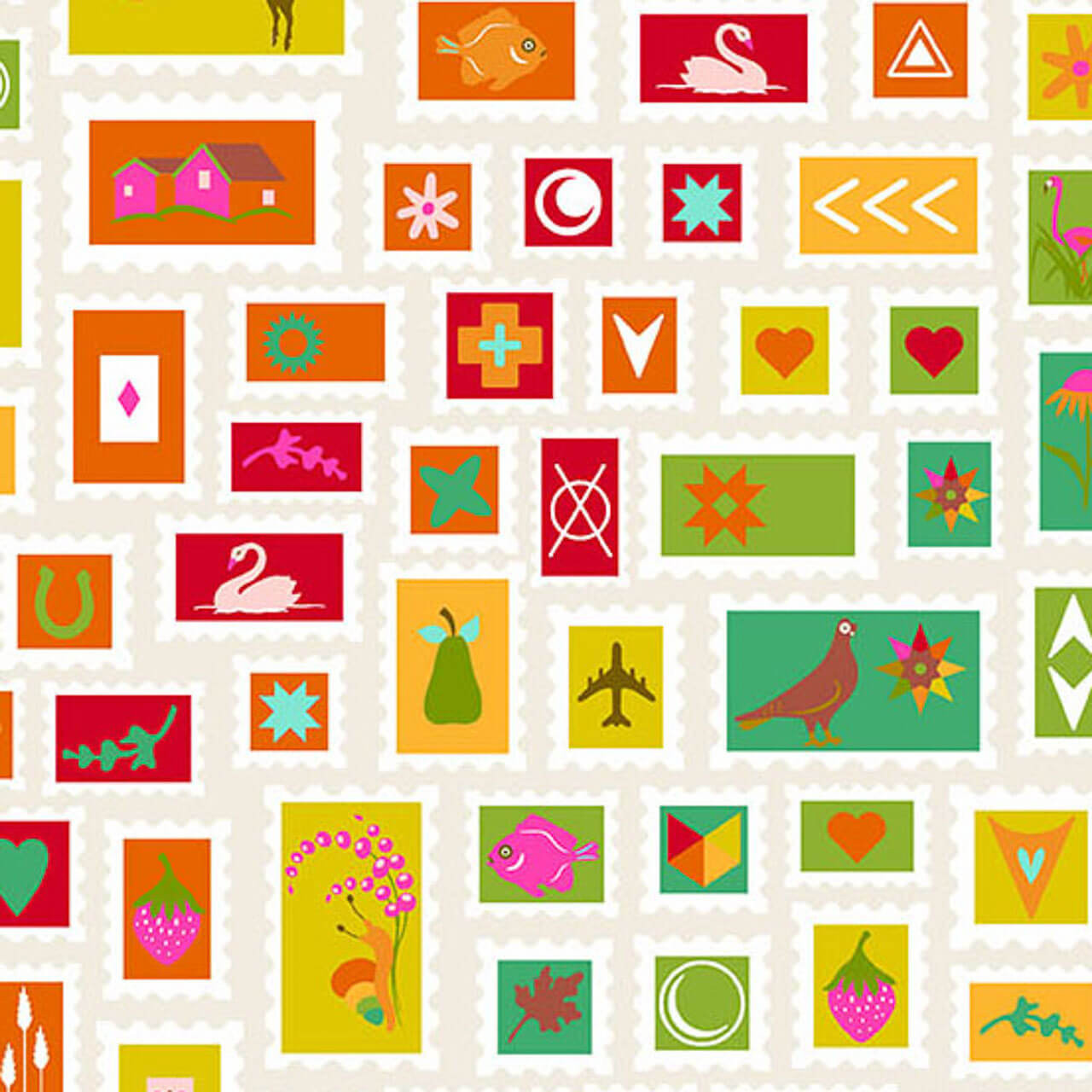 Colourful rectangular icons and motifs arranged in a grid on soft white, from the Color Wheel collection by Alison Glass