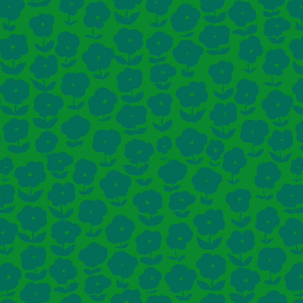 Close up Puffy Daisy in Ferns cotton quilting fabric by Heather Ross for Windham Fabrics, with teal daisy motifs on a fresh green background.