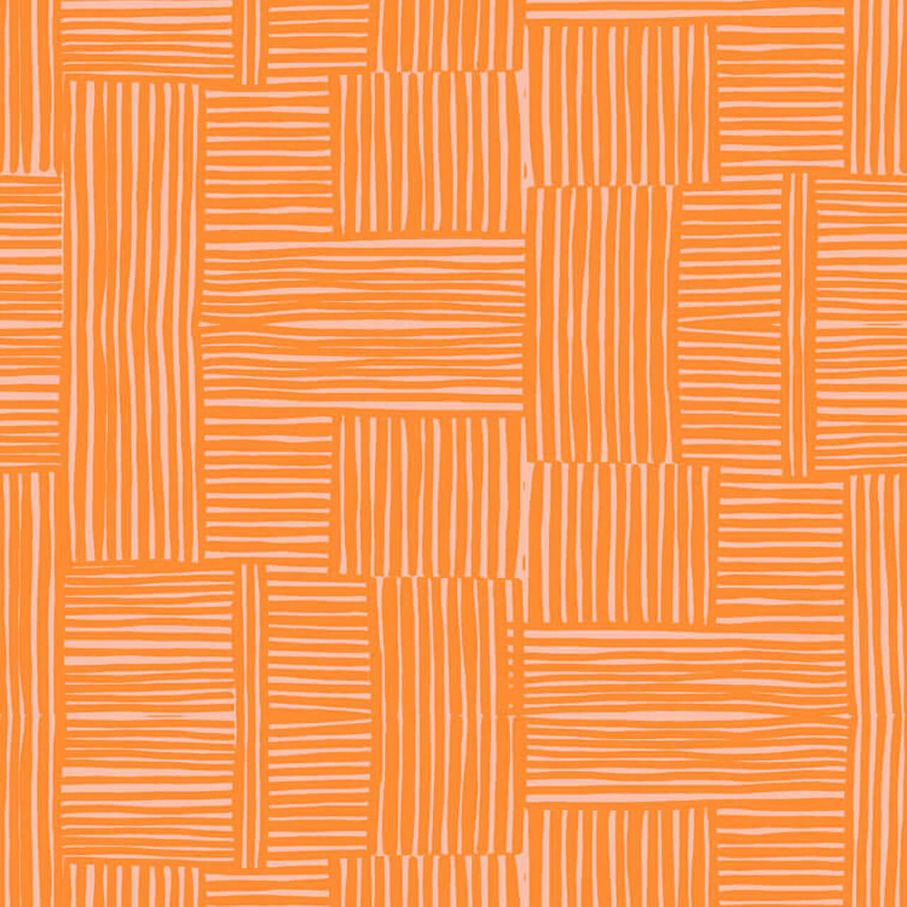 Close up Woven in Creamsicle quilting cotton fabric by Heather Ross for Windham Fabrics, featuring soft orange hand-drawn line blocks in a basketweave layout on a creamy ground.