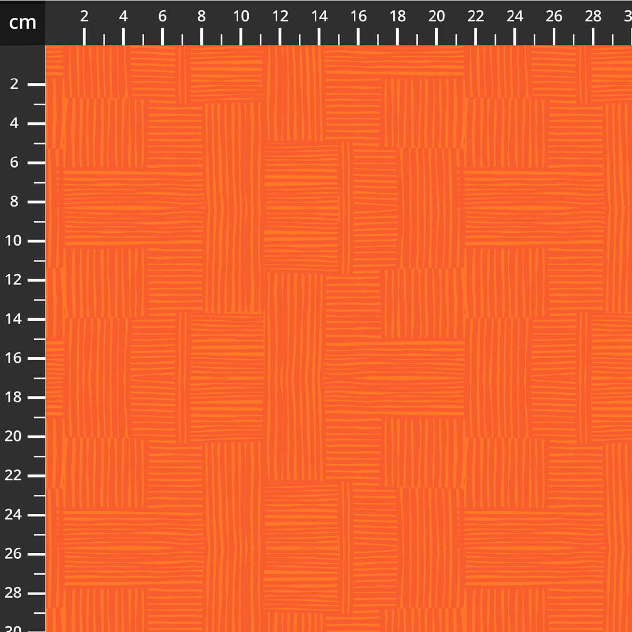 Woven in Marigold quilting cotton fabric by Heather Ross for Windham Fabrics, featuring alternating tangerine linework in a hand-drawn woven pattern over a rich marigold orange background.