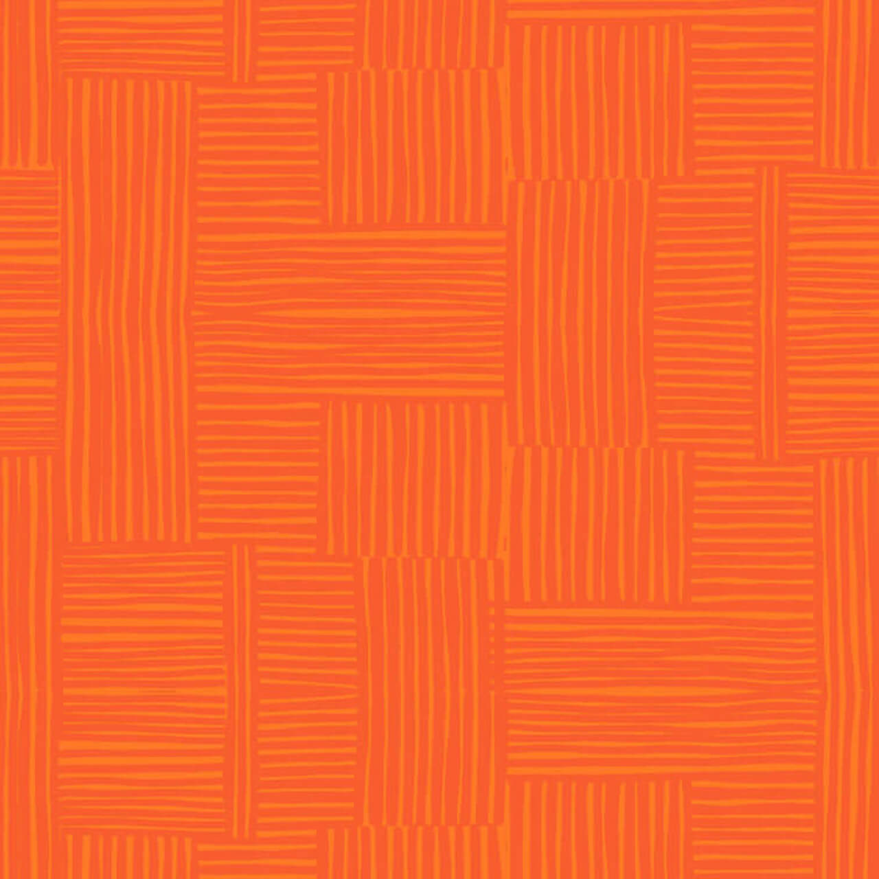 Close up Woven in Marigold quilting cotton fabric by Heather Ross for Windham Fabrics, featuring alternating tangerine linework in a hand-drawn woven pattern over a rich marigold orange background.