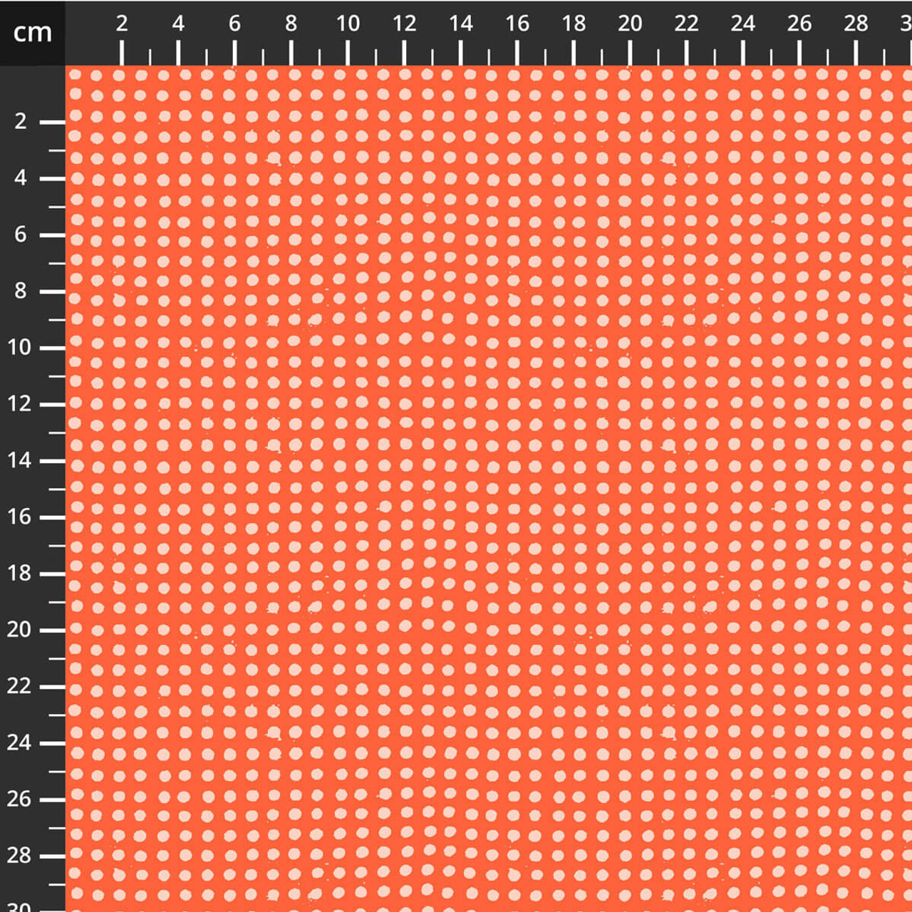 Dots in Delphinium quilting fabric by Heather Ross for Windham Fabrics, featuring soft ivory dots arranged on a vivid coral-orange ground in a painterly grid.