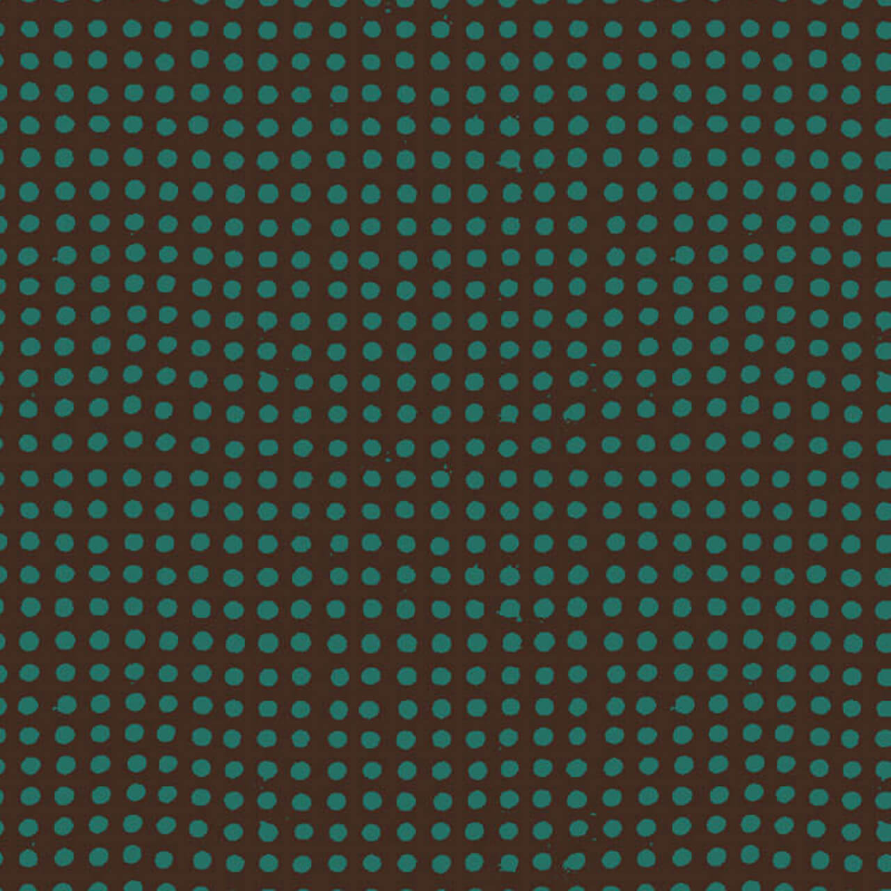 Close up Dots in Truffle quilting fabric by Heather Ross for Windham Fabrics, featuring teal painterly dots arranged in a loose grid on a warm truffle brown background.