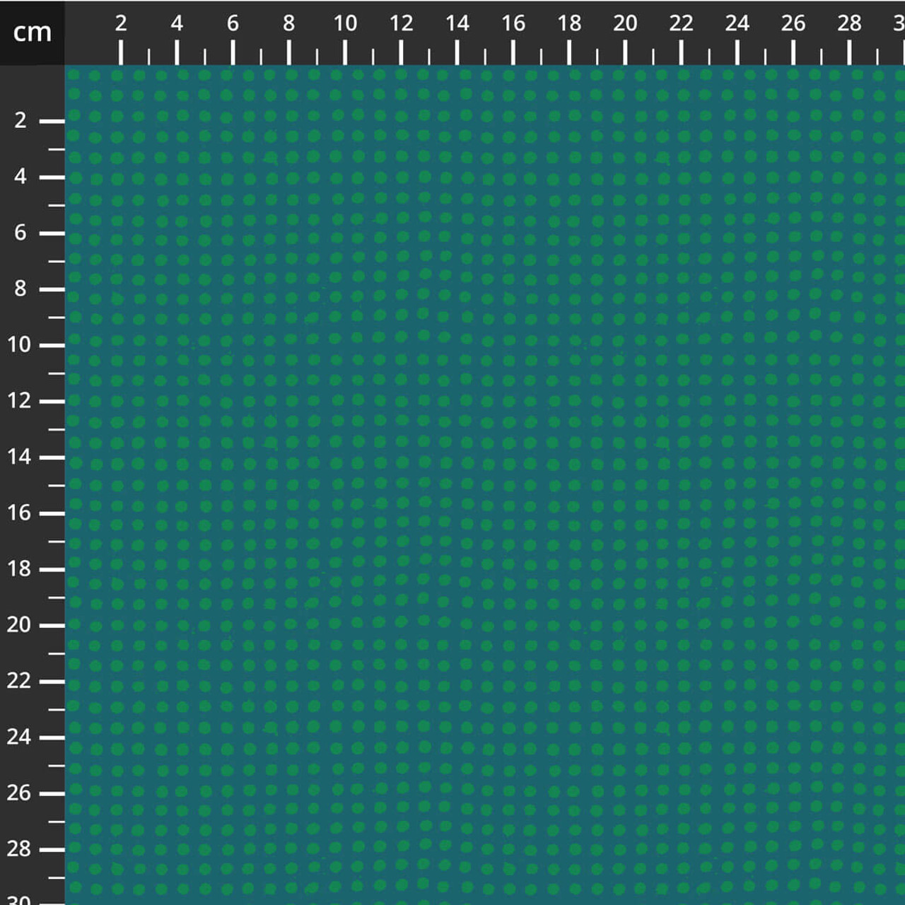 Dots in Kelp quilting cotton fabric by Heather Ross for Windham Fabrics, featuring painterly green dots on a rich teal background in a low-contrast grid layout.