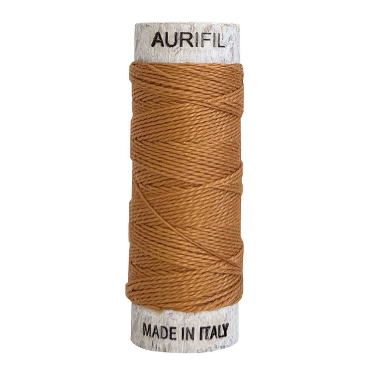 Aurifil 8wt cotton thread in Golden Toast (colour 2930), shown on white wooden spool