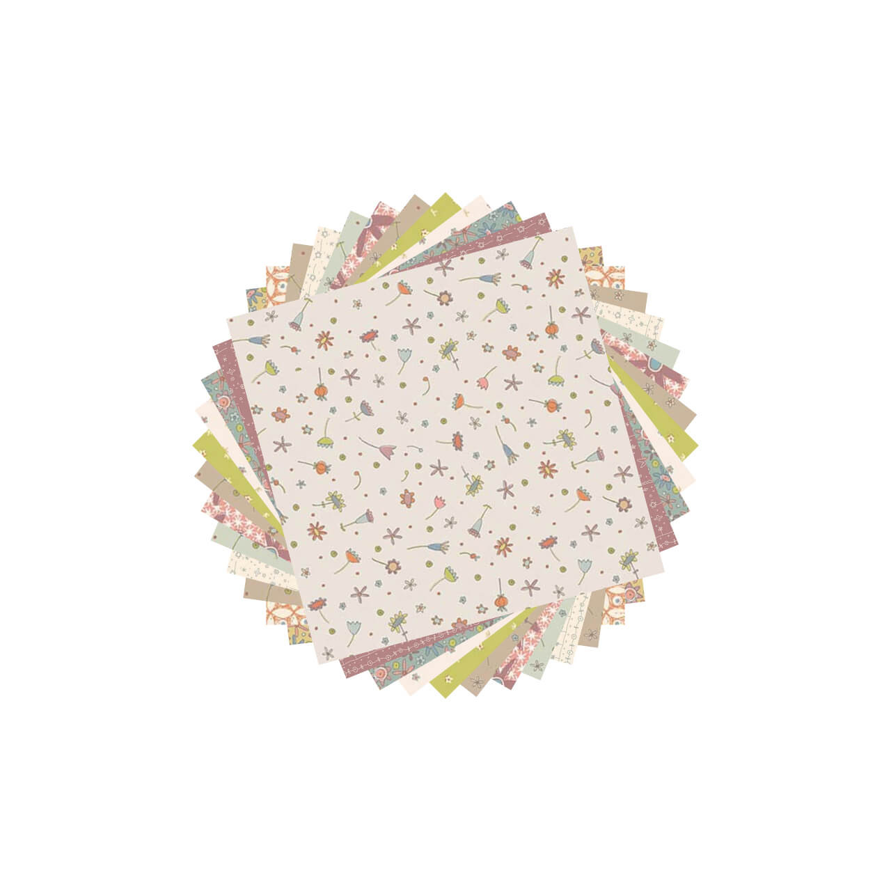 Circular stack of 5-inch fabric squares from the Simply Be collection by Henry Glass, featuring soft muted shades and playful designs.