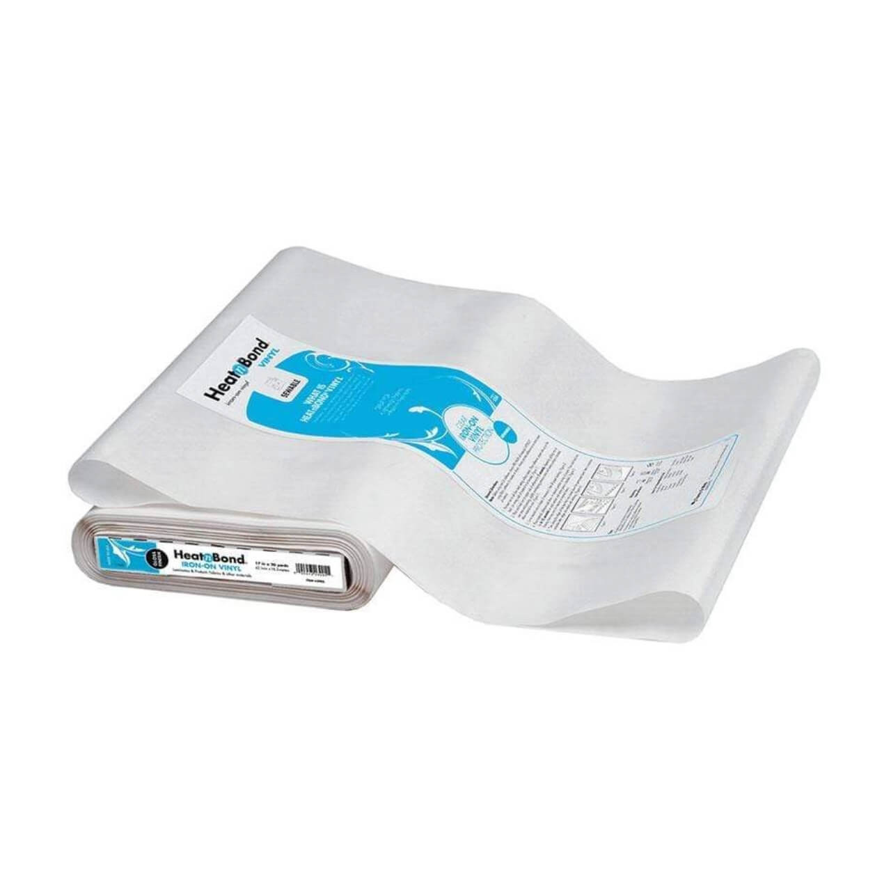 Roll of HeatnBond Iron-On Vinyl with gloss finish, shown partially unrolled to reveal product label and protective paper backing. Suitable for fabric protection in sewing and craft projects.
