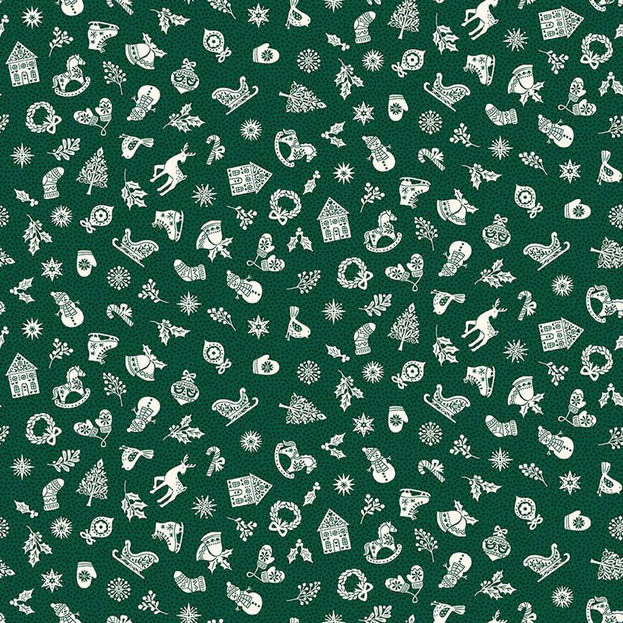 Green Christmas fabric with scattered cream motifs including mittens, sleighs, stars, reindeer, wreaths and holly from Makower UK