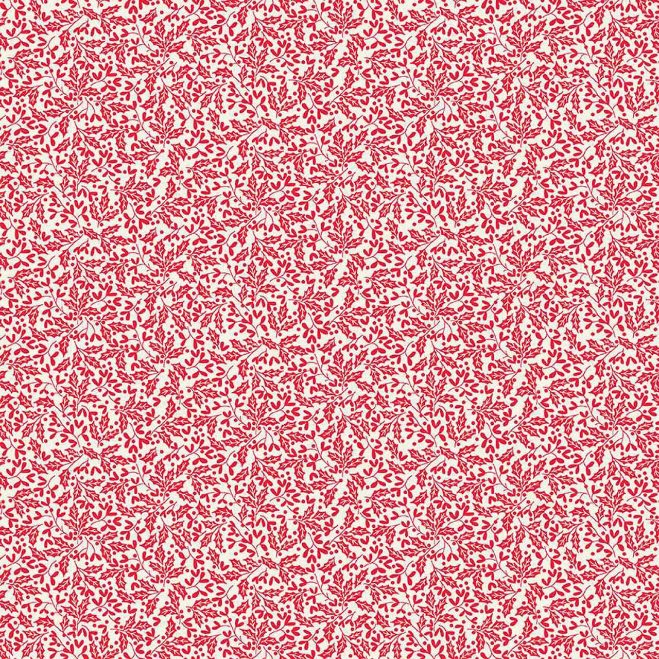 Cream cotton fabric with scattered red Scandinavian-style holly leaves and berries from Makower’s Scandi Christmas collection