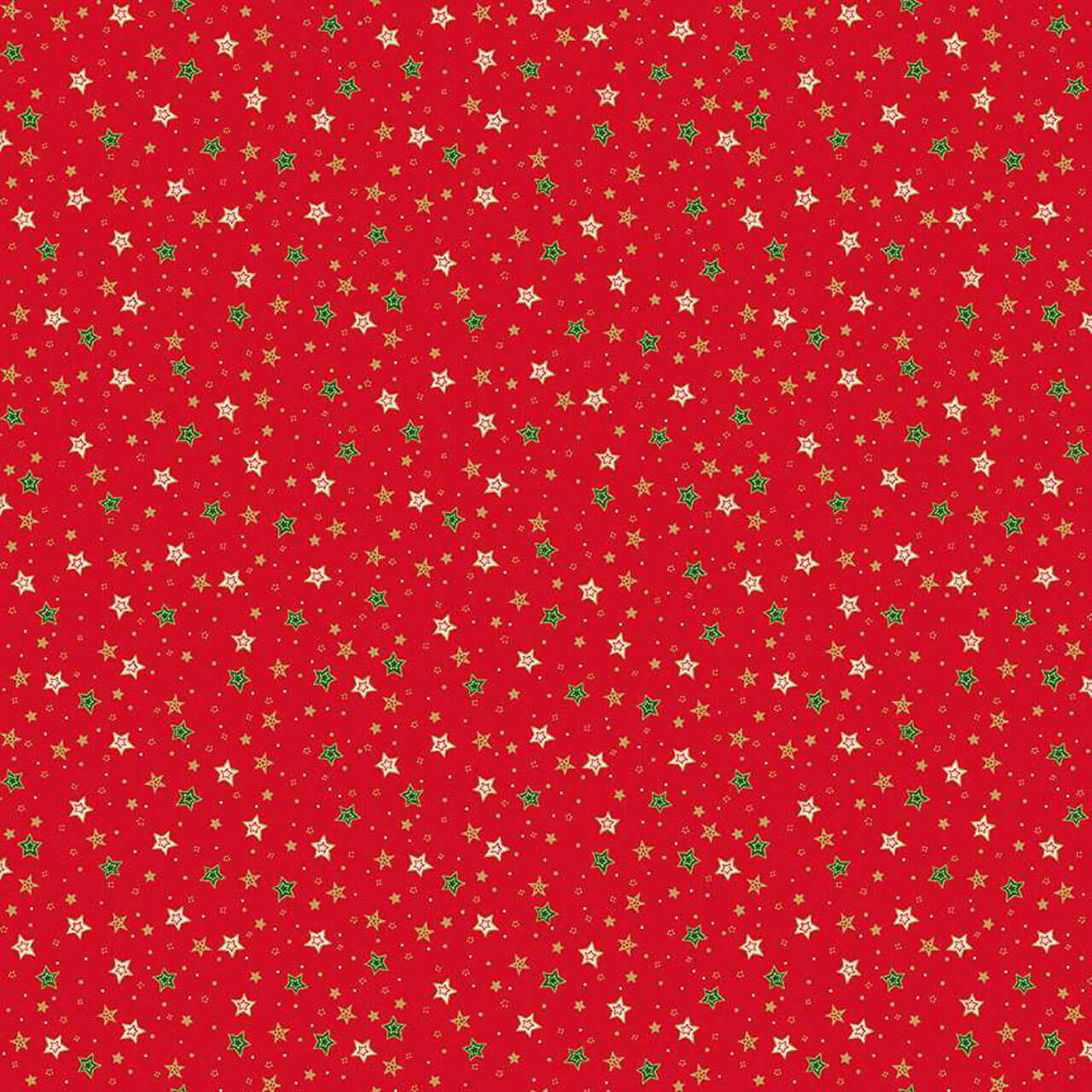 Red cotton fabric scattered with green, white, and gold metallic stars from Makower UK’s Jolly St Nick Christmas collection
