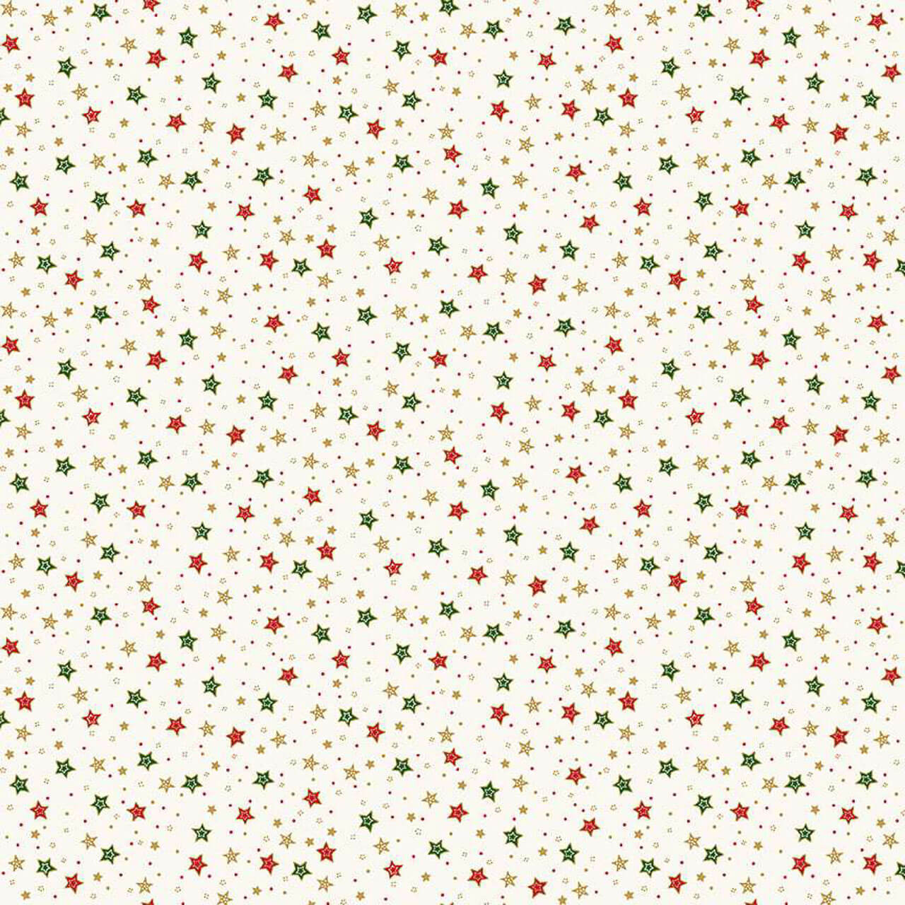 White cotton fabric with small red, green, and gold stars scattered across from Makower UK’s Jolly St Nick collection