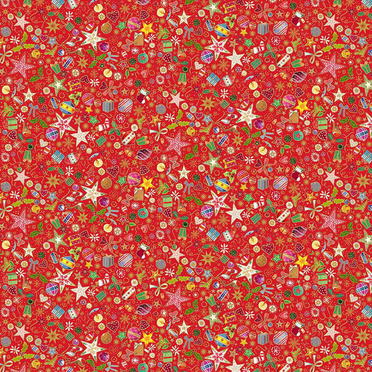 Red cotton fabric with colourful Christmas motifs including ornaments, gifts, sweets, holly and stars from Makower’s Jolly St Nick collection